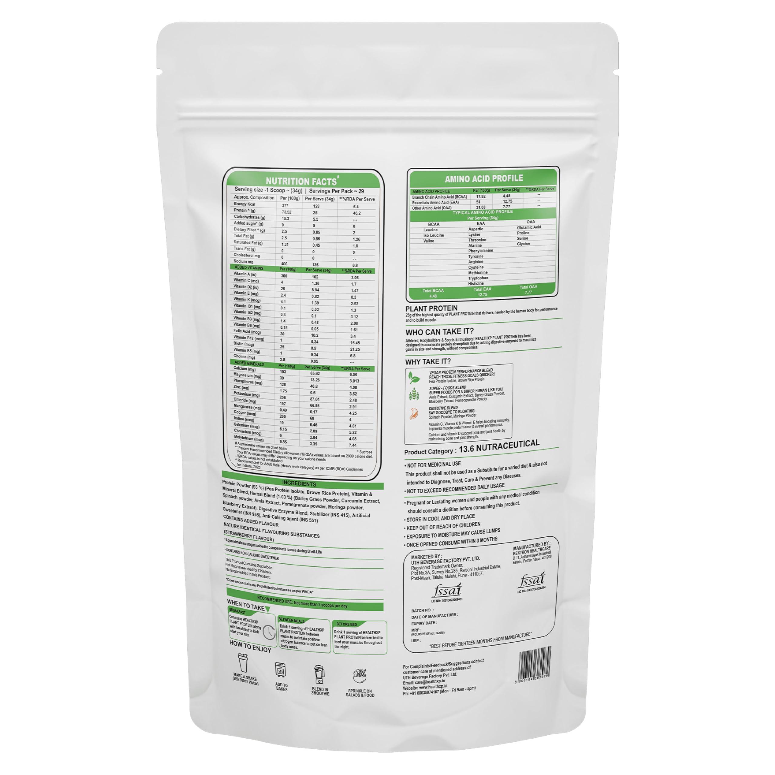 HealthXP HealthXP Plant Protein, 25g Protein, No Added Sugar, Vegan and Enriched with Minerals, Vitamins, Superfoods (Strawberry, 1 KG)