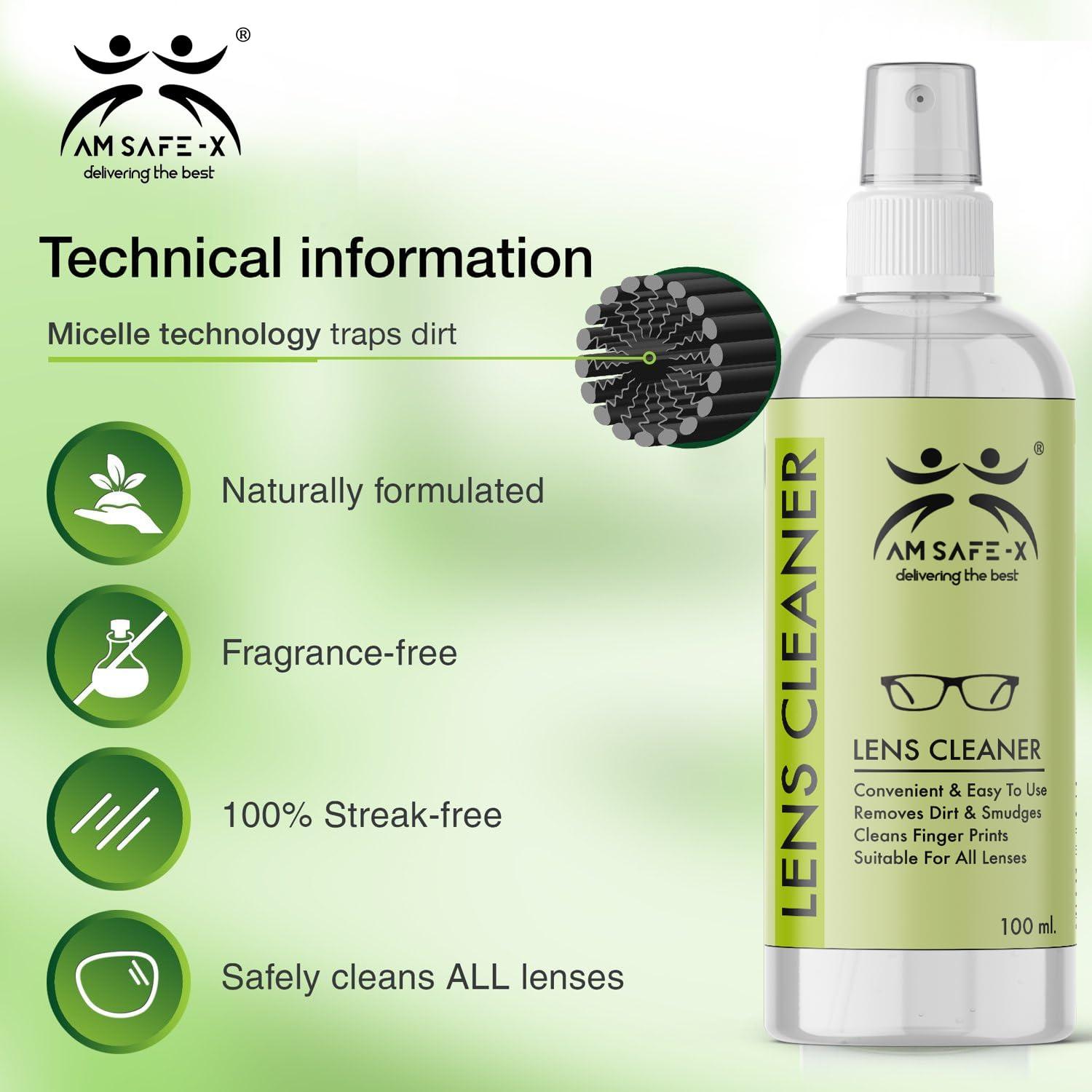 AM SAFE-X delivering the best AM SAFE-X Lens Cleaner for Spectacles, Eyeglasses, Sunglasses, Camera Lenses and Binoculars, 100 ml Pack 1