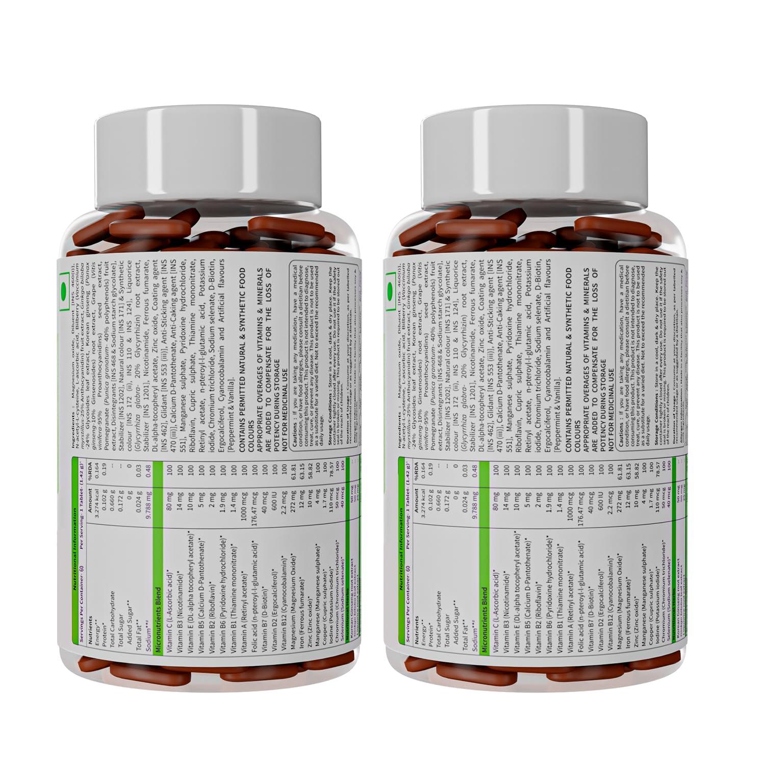 Neuherbs Neuherbs Multivitamin- 60 Tablets | True Vitamin For Men & Women With Korean Ginseng, Ginkgo Biloba, Vitamin C, D3, Zinc and 20 other nutrients for Energy,stamina, Strong Muscle, Strong Bones & Overall Health, Pack of 2