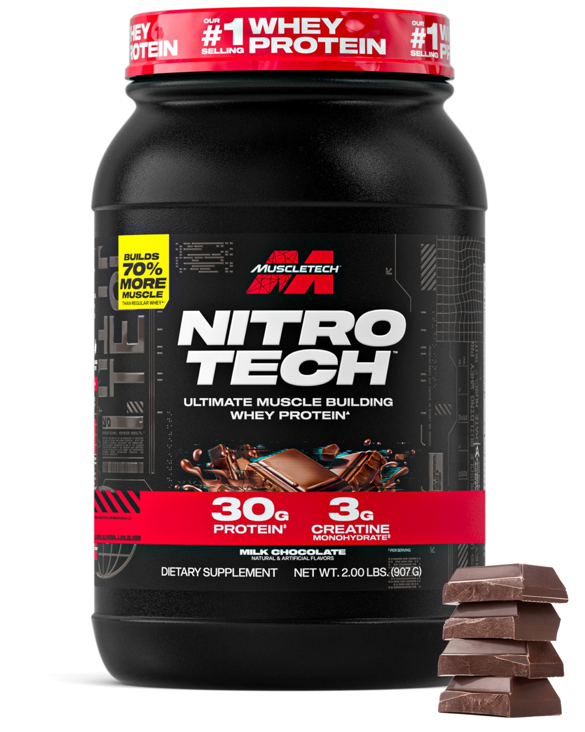 MuscleTech MuscleTech Nitro-Tech Whey Protein, 907g (2lbs), Milk Chocolate, 30g Protein, 3g creatine monohydrate, 6.7g BCAA, ultimate muscle building formula, increase strength & performance