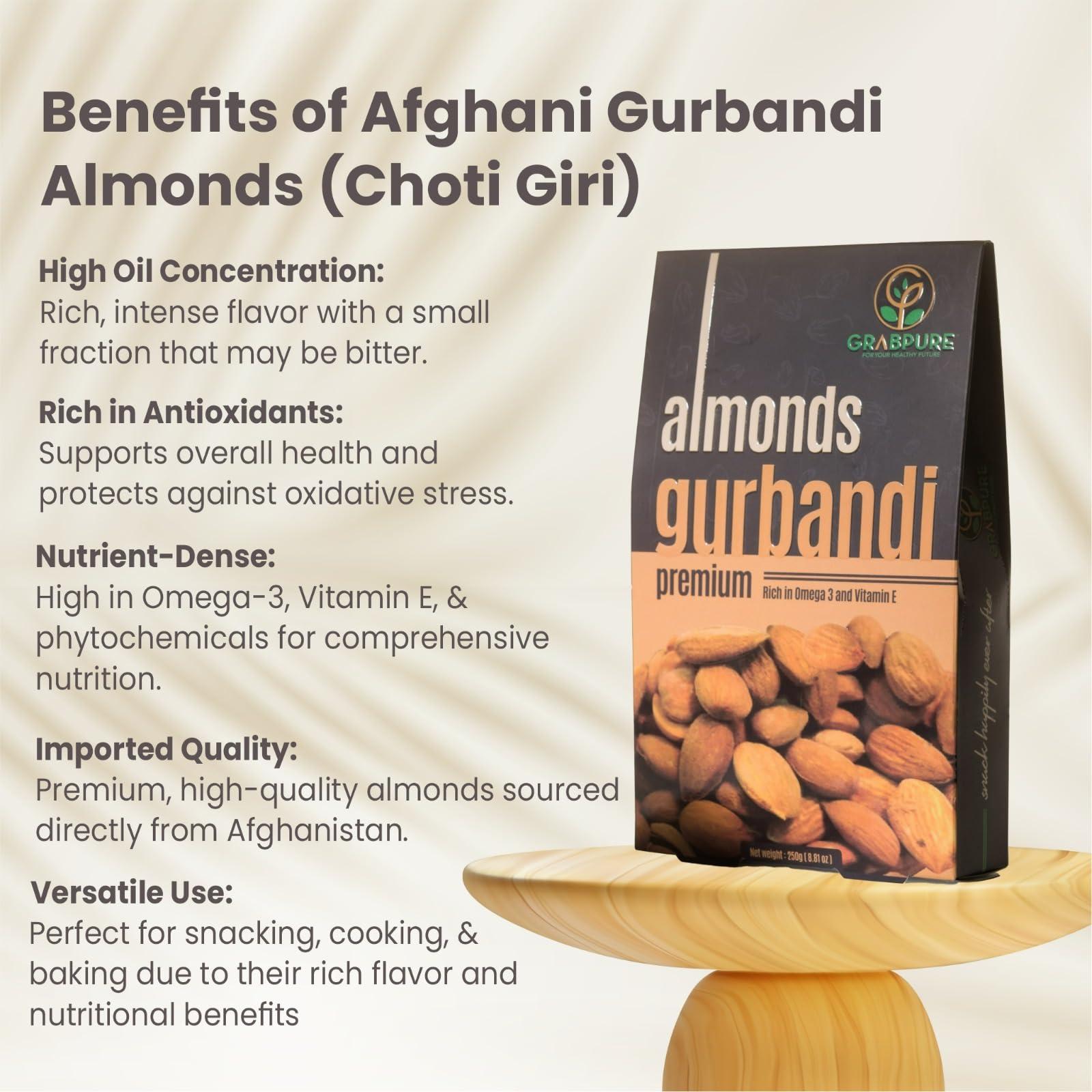 GRABPURE GRABPURE 100% Pure Afghan Gurbandi Almonds/Gurbandi Badam 250 Grams (Rich In Oil) (Pack Of 2), Dried