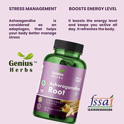 Genius Herbs Genius Herbs Ashwagandha Root Tablets - Stress Relief/Improves Muscle 500mg (180 Tablets) | 30 days Supply