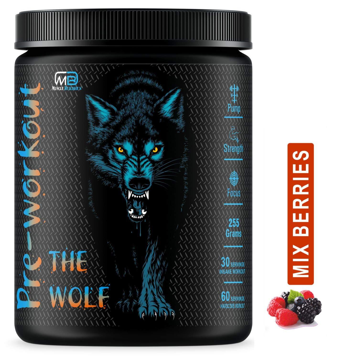M B Muscle Builder\'s M B Muscle Builder\'s The Wolf Pre Workout Gym Supplement to Boost Your Energy & Performance/Body Building Powder for Men & Women [30-60 Servings, Mix Berries, 255g]