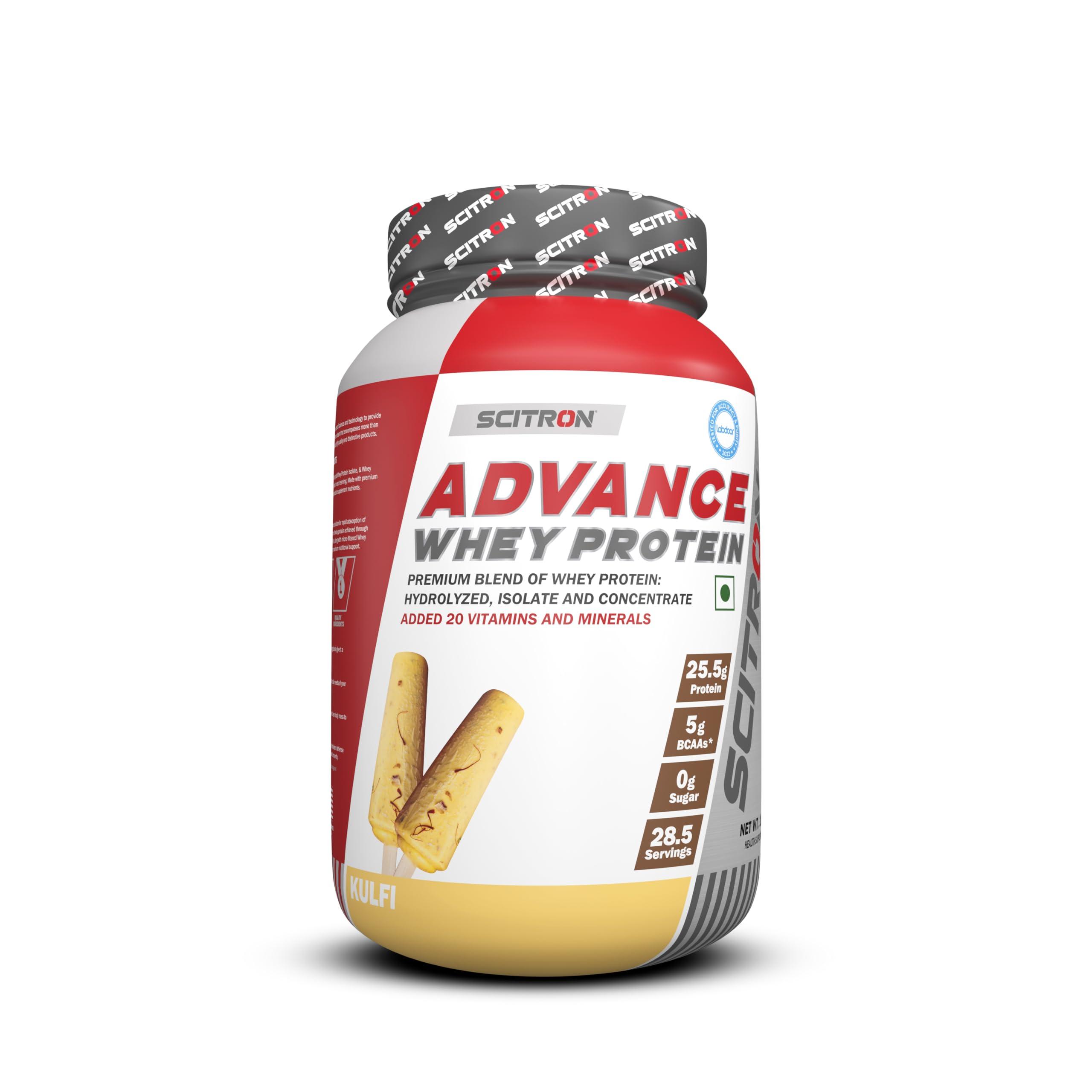 SCITRON Scitron Advance Whey Protein 1Kg Kulfi (28.5 Servings, 25.5g Protein, 5g BCAAs, 0g Sugar, 20 Vitamins & Minerals) Certified by Labdoor,USA | Sourced from Glanbia Nutrition | Certified by Informed Choice