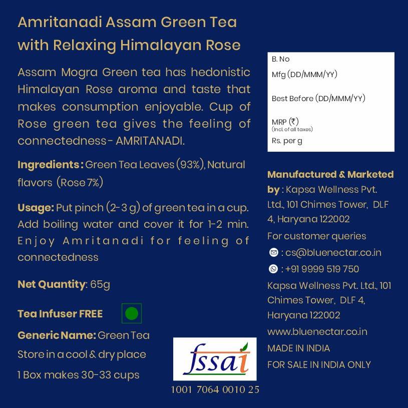 Blue Nectar Blue Nectar Amritanadi Assam Rose Green Tea Leaves with Himalayan Rose (50 g + 15 g FREE| 33 cups). Loose Green Tea Leaves with No Tea Dust. Only Leaf Green Tea