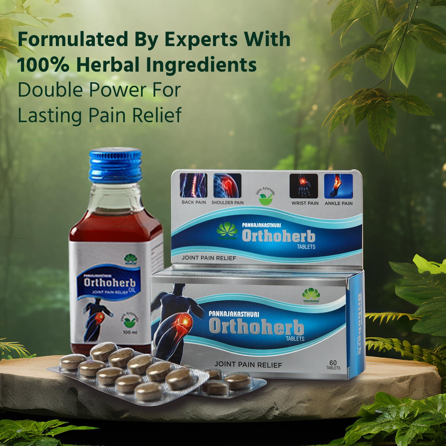 PANKAJAKASTHURI Pankajakasthuri Orthoherb Oil + Tablet Ayurvedic Pain Relief from Joint, Muscle, Back Pain, Sprains, Sports injuries reducing Inflammation and Sciatica - 100 ml + 60Tabs