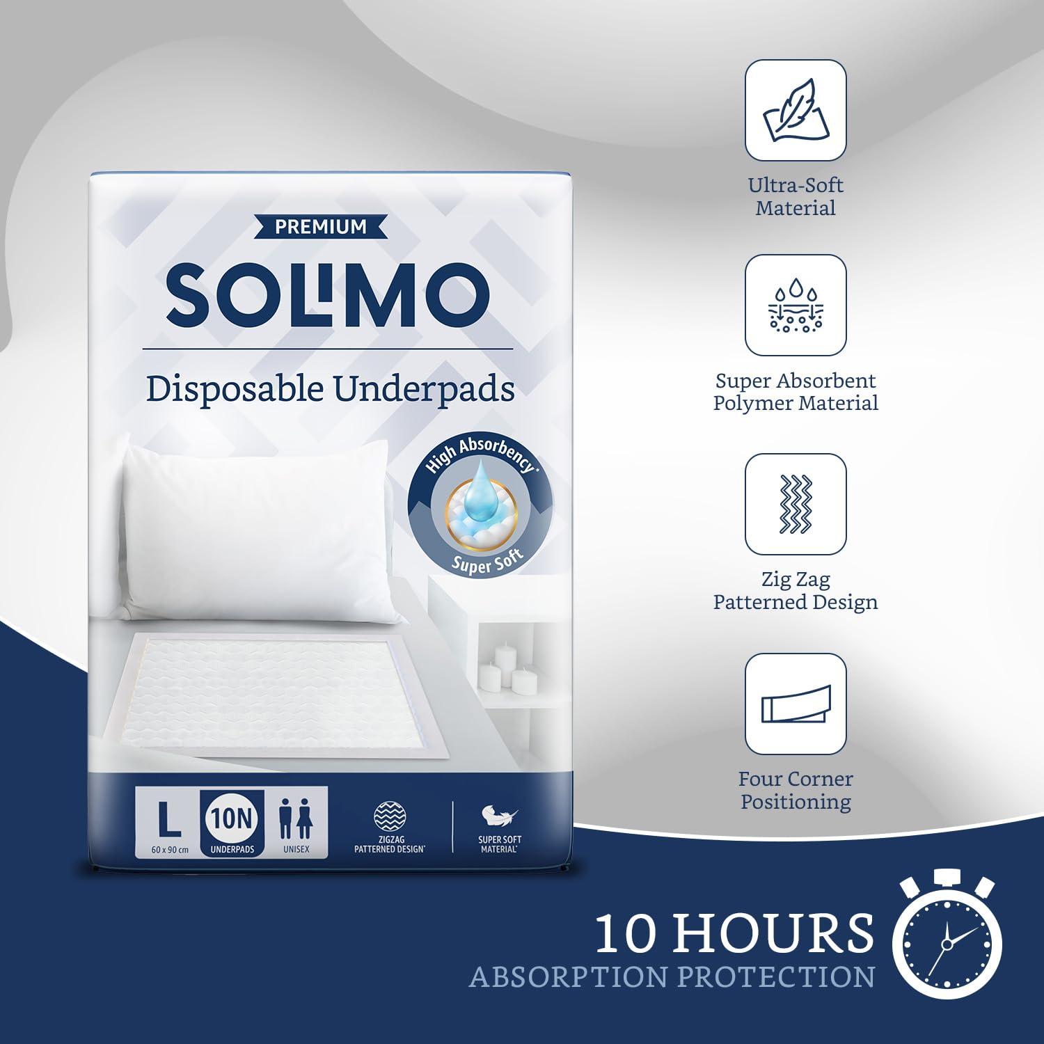 Amazon Brand - Solimo Amazon Brand - Solimo Premium Underpads Large (L) Size, 10 count| 90 X 60 cm|Unisex, High Absorbency, Super soft