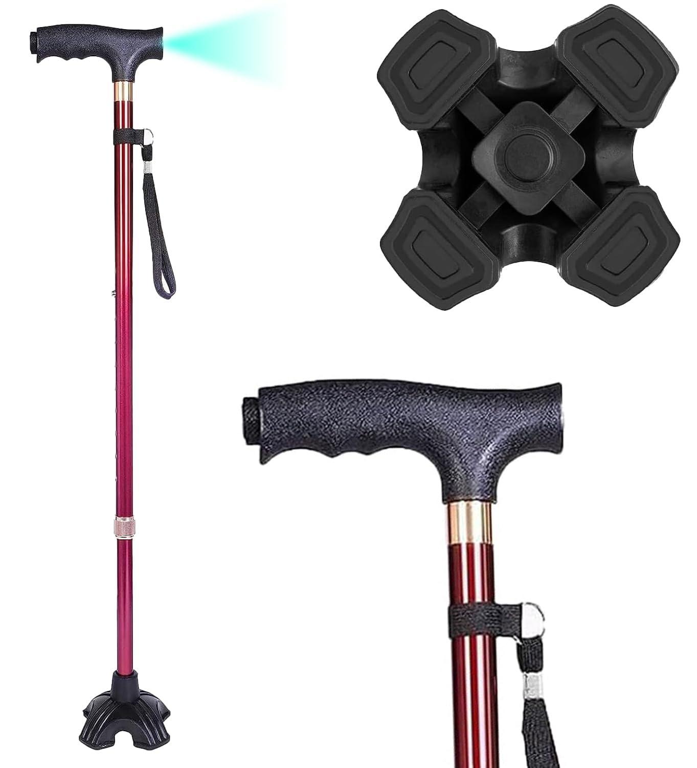 MCP MCP Halo-01 Series Big Shoe Quadripod Walking Cane for Old People with LED Light for Men & Women, Aluminum Walking Stick for Seniors & Adults, Hand Stick for Walking (Wine)