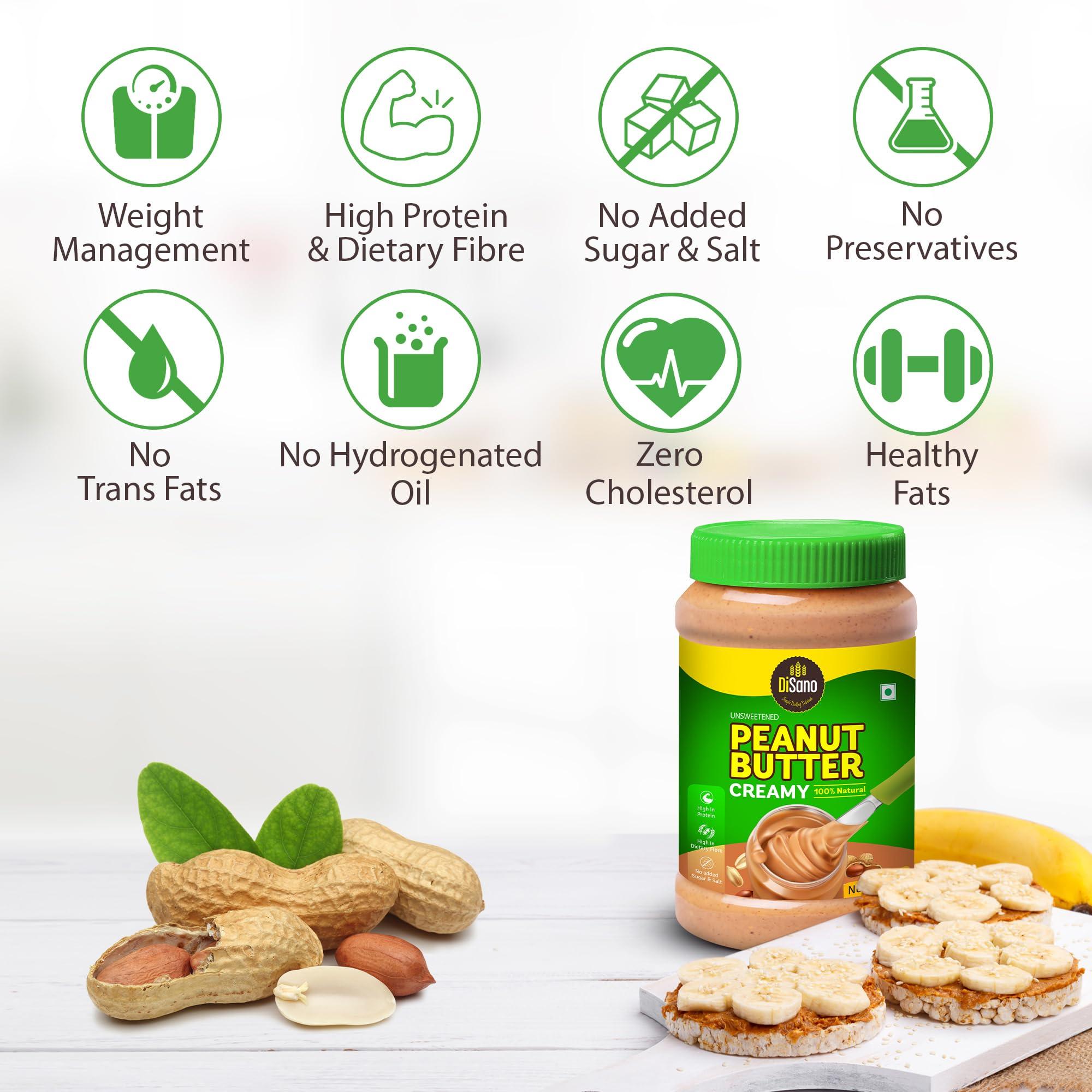 DISANO Disano Peanut Butter Crunchy 924g & DiSano Peanut Butter, All Natural, Creamy, Unsweetened, 30% Protein, Gluten Free, Non GMO, 1Kg