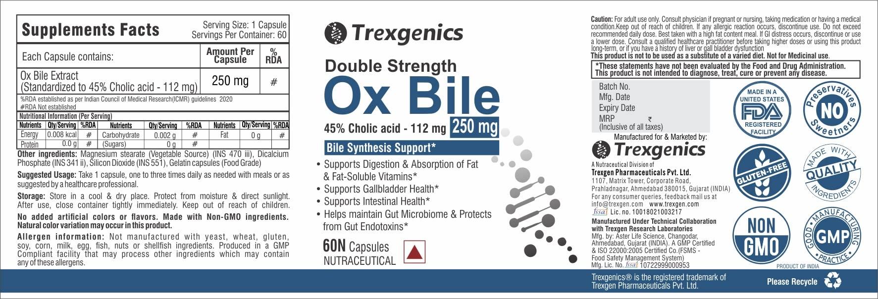 Trexgenics Trexgenics BILE EXTRACT 250 mg 45% Cholic acid DOUBLE STRENGTH Bile Synthesis Support (60 Vegan Capsules) (Pack of 2)