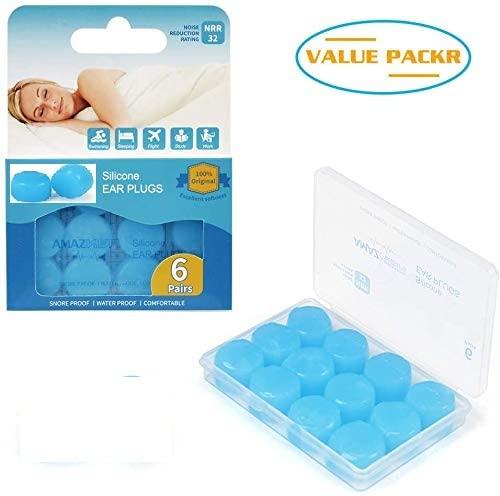 AMAZKER AMAZKER Reusable Silicone Earplugs-6 Pairs Waterproof Noise Cancelling Ear Plugs for Sleeping,Swimming,Snoring,Studying, Concerts,with Clear Carrying Case,Highest Noise Reduction 32dB (NRR)