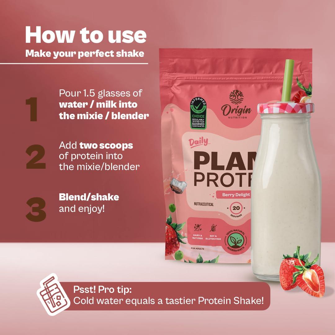 ORIGIN NUTRITION Origin Nutrition 100% Natural Vegan Protein Powder (European Pea Protein Isolate & Pumpkin Seed Protein) Easy to Digest Strawberry Flavour with 25g Plant Based Protein,830g