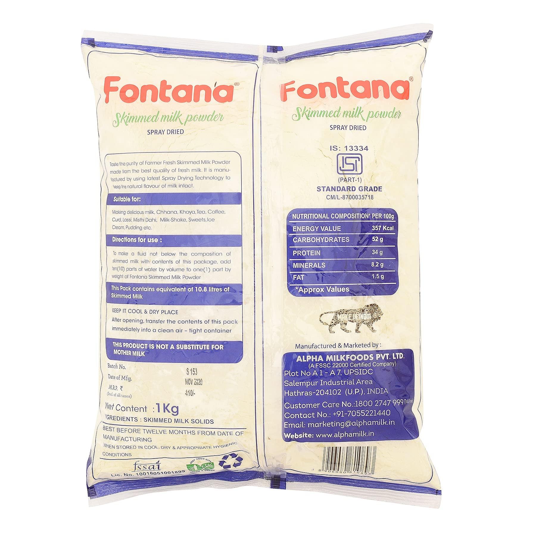 Fontana Fontana 1Kg Skimmed Milk Powder with Extra Protein | No Added Preservatives | Perfect for Making Tea & Coffee | Pure & Premium