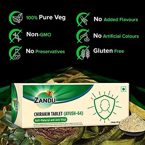 Zandu Zandu Chirakin Tablets (Ayush 64), Protection from Infections and Antiviral Properties, Helps in Managing & Building Overall Immunity, Health & Wellness - (Pack of 10 Tablets x 12 Strips)