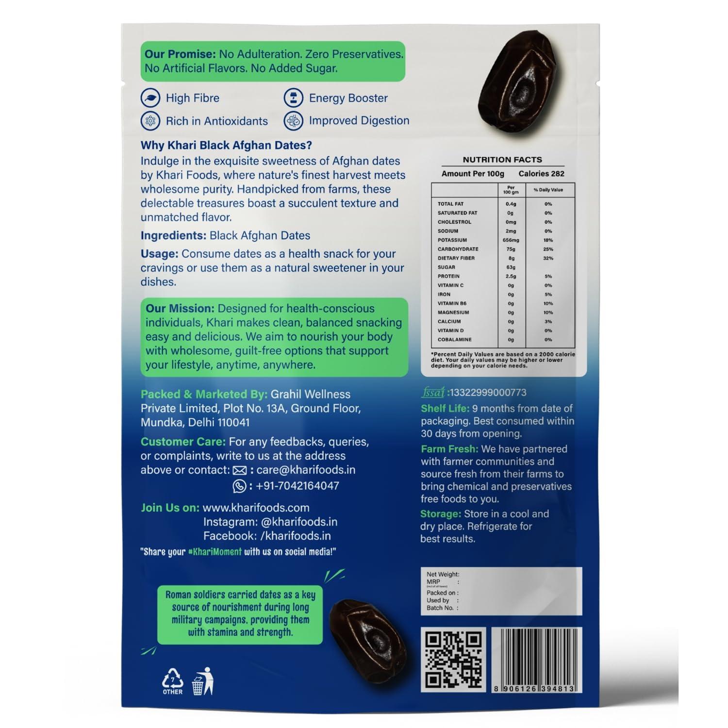 Khari Foods Khari Foods Premium Black Afghan Dates, High Fibre, Soft Dry Fruit Khajur/khajoor, Energy Health Snacks (200g)
