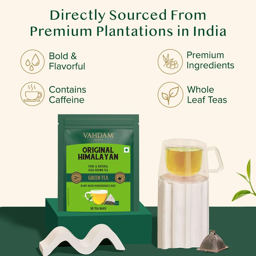 VAHDAM VAHDAM, Green Tea From Himalayas (50 Green Tea Bags) Non GMO, Gluten Free, Naturally High Grown | Whole Loose Leaf Tea Bags | Resealable Ziplock Pouch