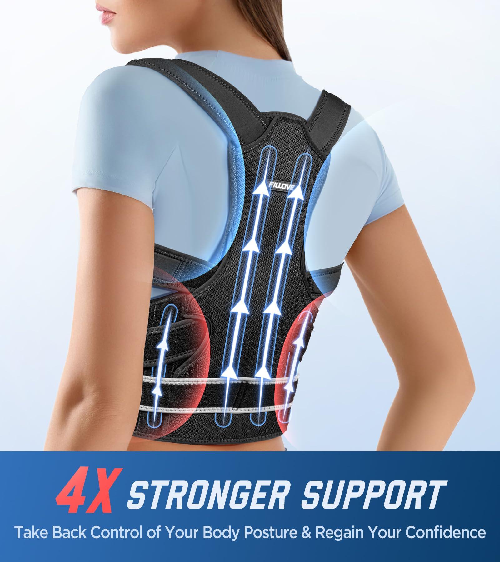 FILLOVE FILLOVE 4X Support Back Brace Posture Corrector for Women and Men with Magnetic Therapy, Adjustable Full Back Straightener for Upper Lower Back Pain Relief, Spine Scoliosis Hunchback Posture Corrector