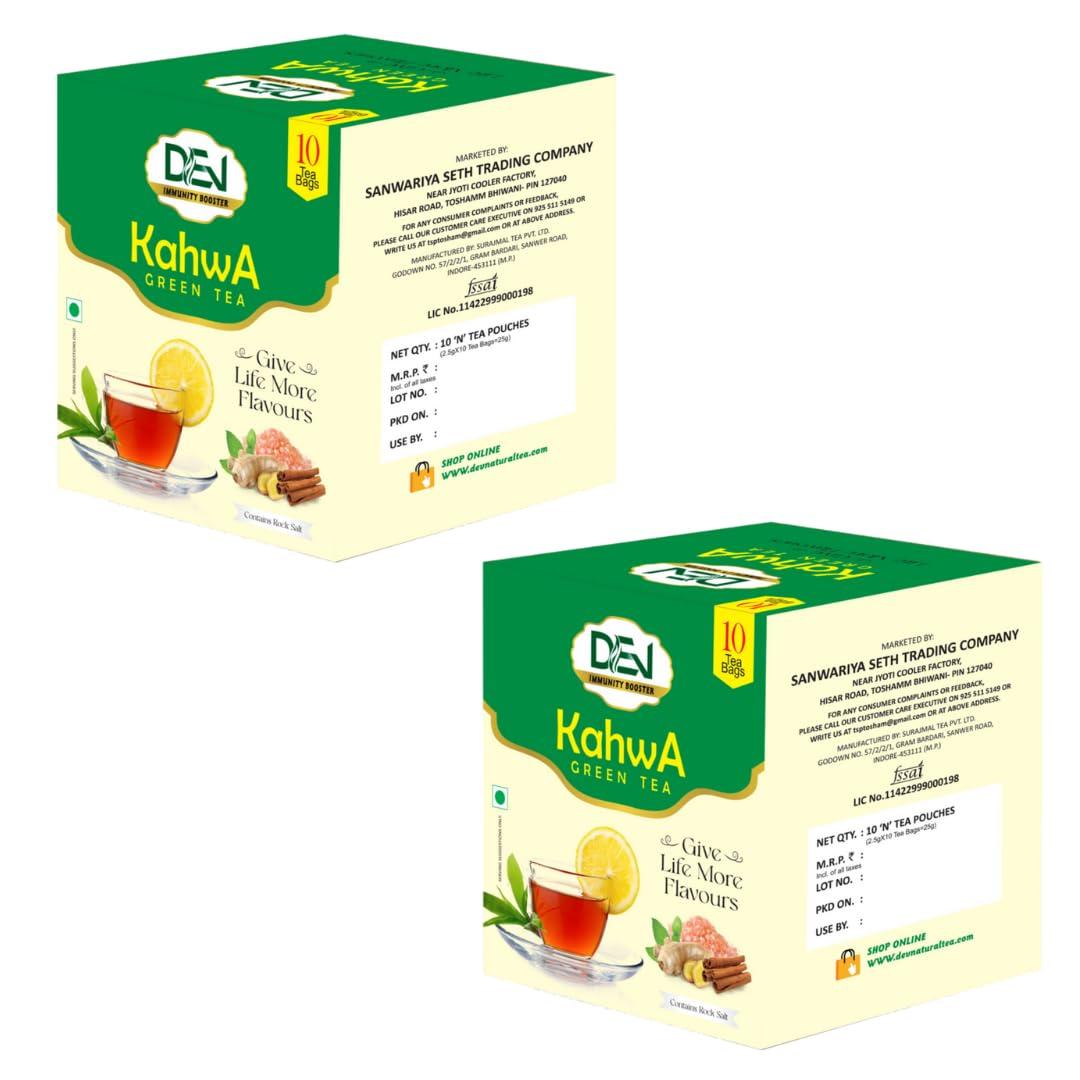 DEV DEV Natural Kahwa Green Tea | Stress Buster (Pack Of 20 Tea Bag) Containing Ten type of Spices & Herbs | Special for Winter