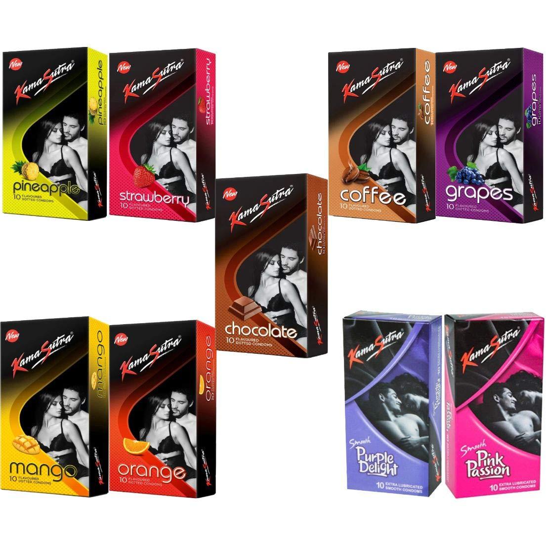 KS A \'KAMASUTRA\' Lubricated Condoms Multi Colored Chocolate Flavour Condom Made of Natural Rubber Latex For Men(9 Pack Of 90 Condom)