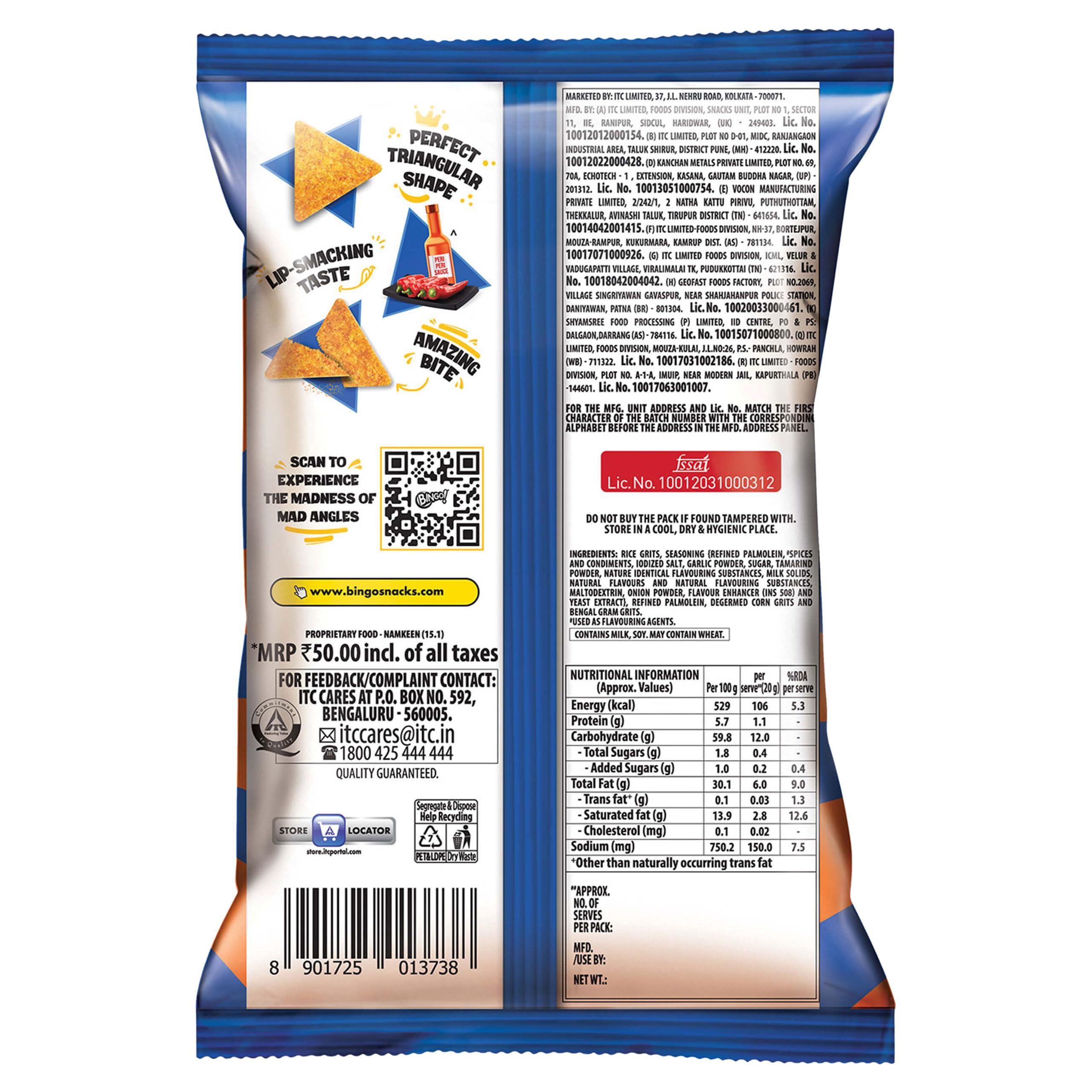 Bingo! Bingo Mad Angles Very Peri Peri - Spicy & Crunchy Corn-Based Triangle Chips Pack For Snacks 117 Gram/130 Gram