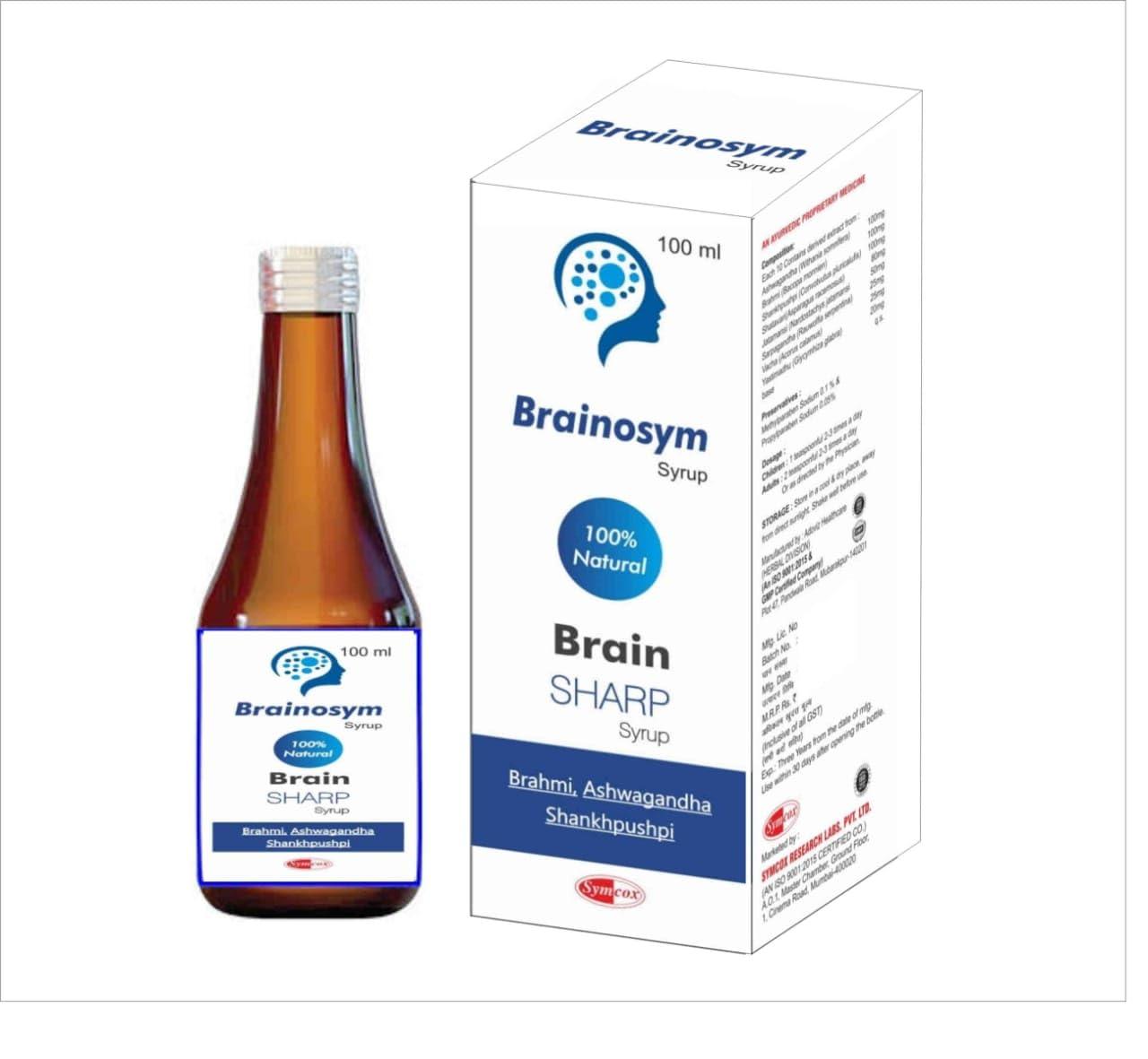Brainosym Syrup SYMCOX Brainosym Syrup Ayurvedic Brain Tonic 100ml | Enriched with Shankhpushpi, Brahmi, Ashwagandha, Shatavari & many more herbs (Pack of 4)