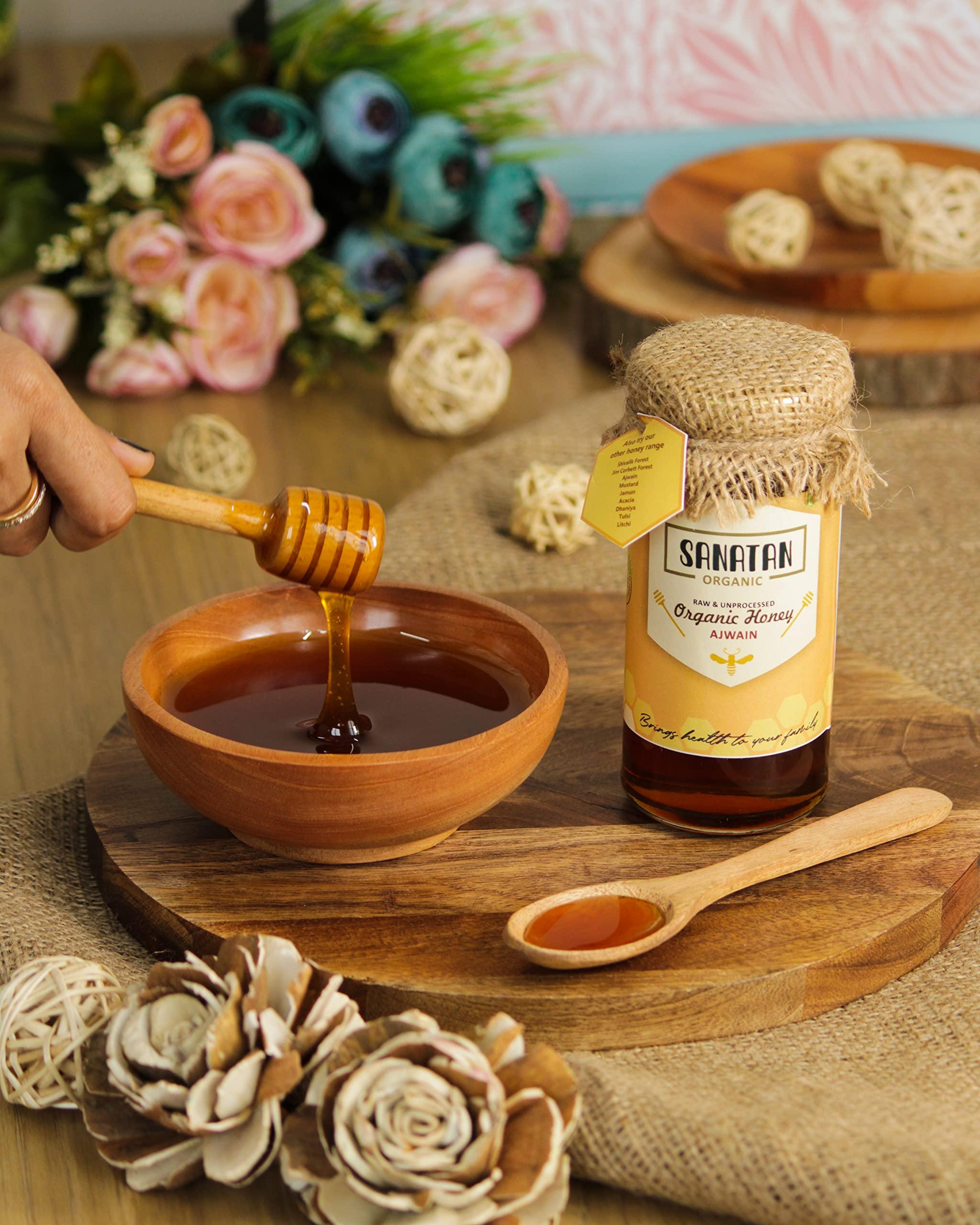 SANATAN ORGANIC Sanatan Organic Unprocessed and certified organic 100% Natural &Pure Ajwain Honey cures Gastric,Acidity,help in digestion|Preservative free|No artificals|No Added Sugar|Mono Flora Honey-250g Glass Jar