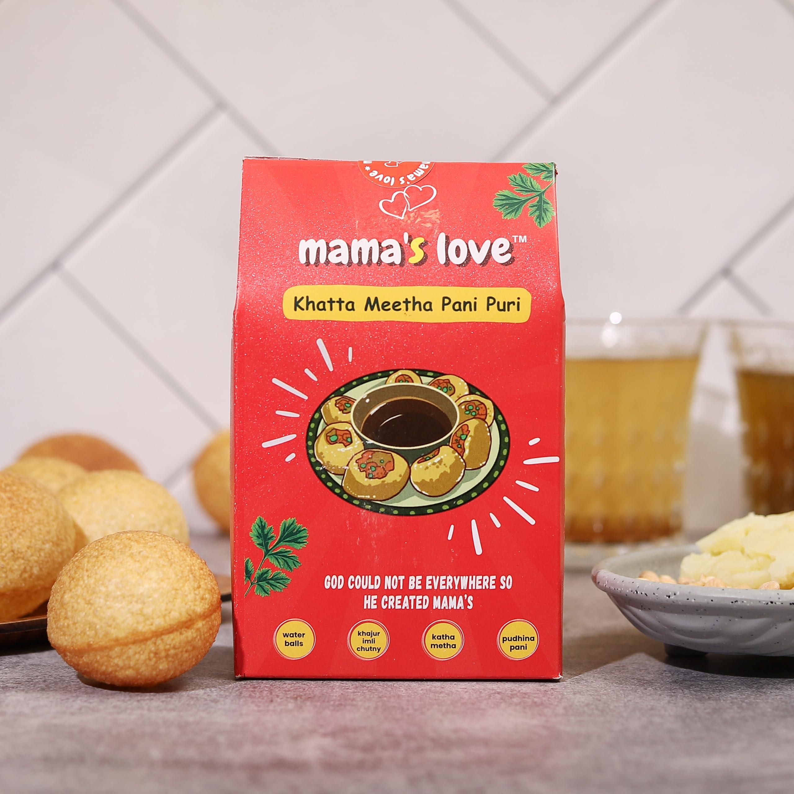 Mama\'s Love Mama\'s Love 450 Pcs Ready-to-Cook Khata Meetha Golgappa Pani Puri Packet Readymade - Homemade Pani Puris | Each Pack Includes 50 Pcs Pani Puri, 2 Types of Masala, 1 Tamarind Imli Chutny (Pack Of 9)