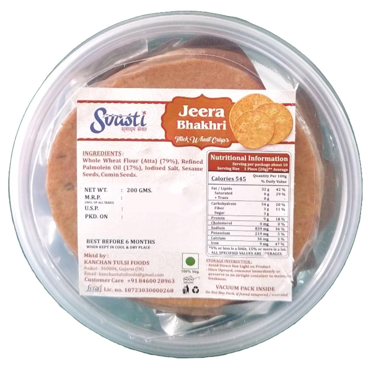 Svasti Svasti Jeera Bhakhri, 200 Gms | Whole Wheat Gujarati Bhakri | Vacuum Packed (Pack Of 4)