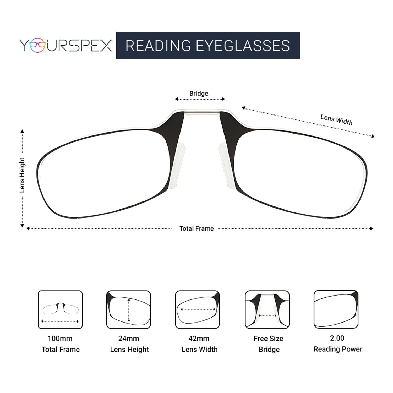 YOURSPEX YOURSPEX Nose Clip Reading Eyeglasses | Black Pod Case | Clear Frame (2.00 Lens Power, Black)