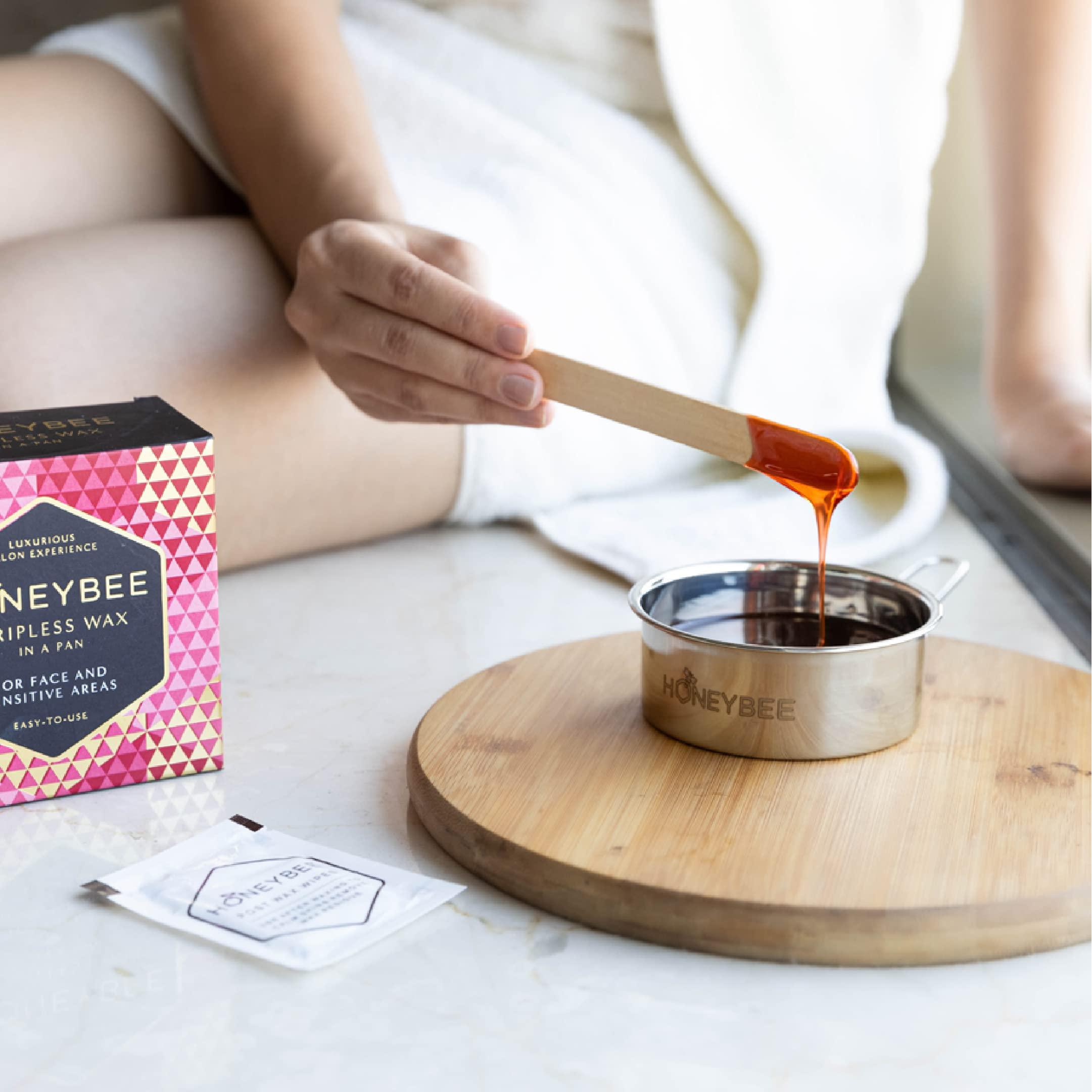 HoneyBee HoneyBee Stripless Katori Wax For Face|Pan Wax With Handle For Face, Upper Lip, Chin, Jaw, Underarms, Bikini And Brazilian|For All Skin Type|No-Strip Wax At Home|Post Wax Wipes|Spatula|120 Gm, Women