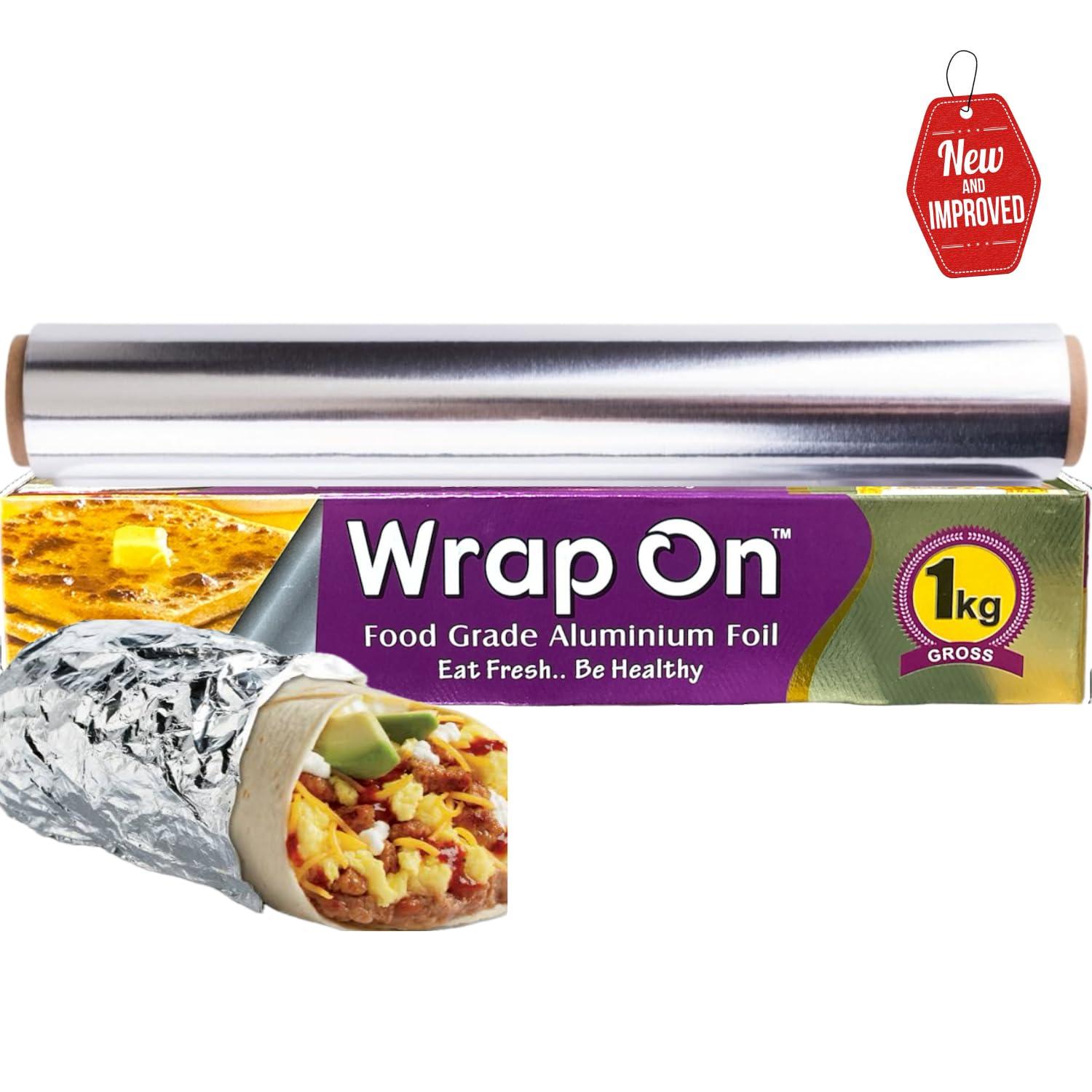 Wrap On WRAP ON Aluminium Foil Paper Roll for Kitchen 1kg - Pack of 2 18 microns Foil || Aluminum Silver Foil Roll for Food Wrap | Box with Metallic Print & in-Built Cutter for Easy Tearing.