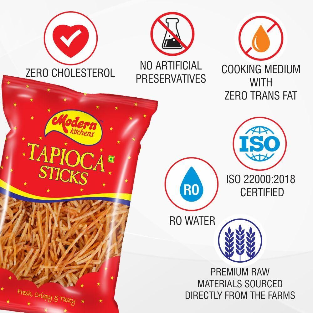 Modern Kitchens Modern Kitchens Spicy Tapioca Sticks/Kappa Kolli Chips Combo Pack | 100% Vegan Namkeen Snacks | Fresh, Crunchy & Tasty | No Preservatives & No Artificial Flavour & Colour - 720gm (Pack Of 4)