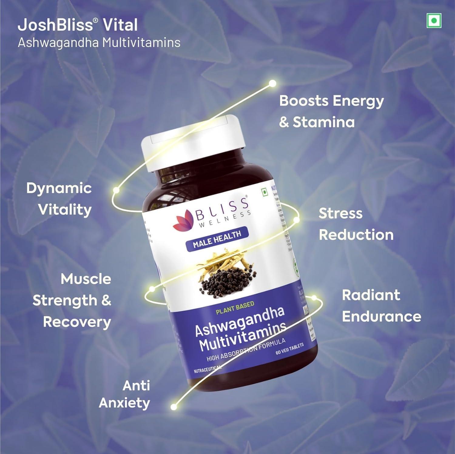 Bliss Welness Bliss Welness Pure Ashwagandha 1000mg + Multivitamins | Strength Vitality Stress Relief | General Wellness Rejuvenates Mind & Body Anti Anxiety Health Supplement - 60 Vegetarian Tablets