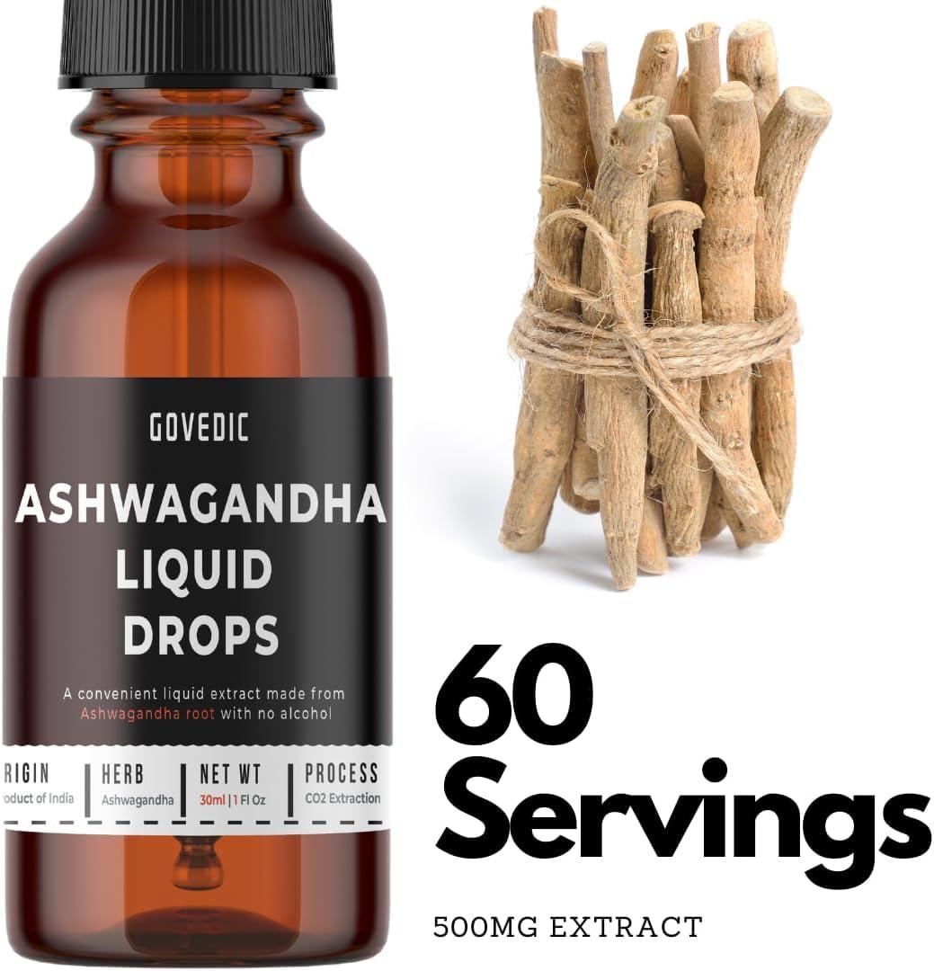 Govedic Ashwagandha Liquid Drops Concentrated 30ml Pack of 1 | 60 Servings of 500mg Organic Root Tincture Extract Supplement | High Potency & Fast Absorption