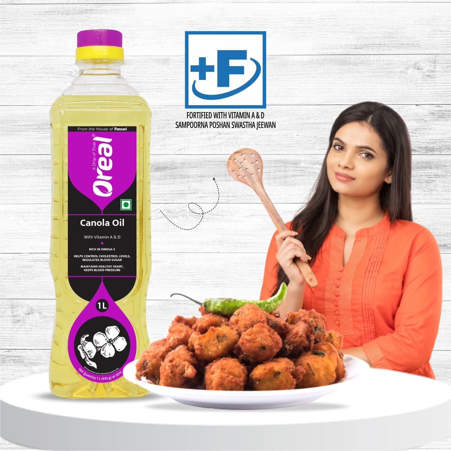 Oreal Oreal Premium Pure Canola Oil, 1 Litre for Cooking | Natural | Chemical-Free | Healthiest Cooking Oil | Rich in Omega-3 and Omega-6 | Improve in Metabolisms & Keeps Active | Preservative Free Suitable for all Ages