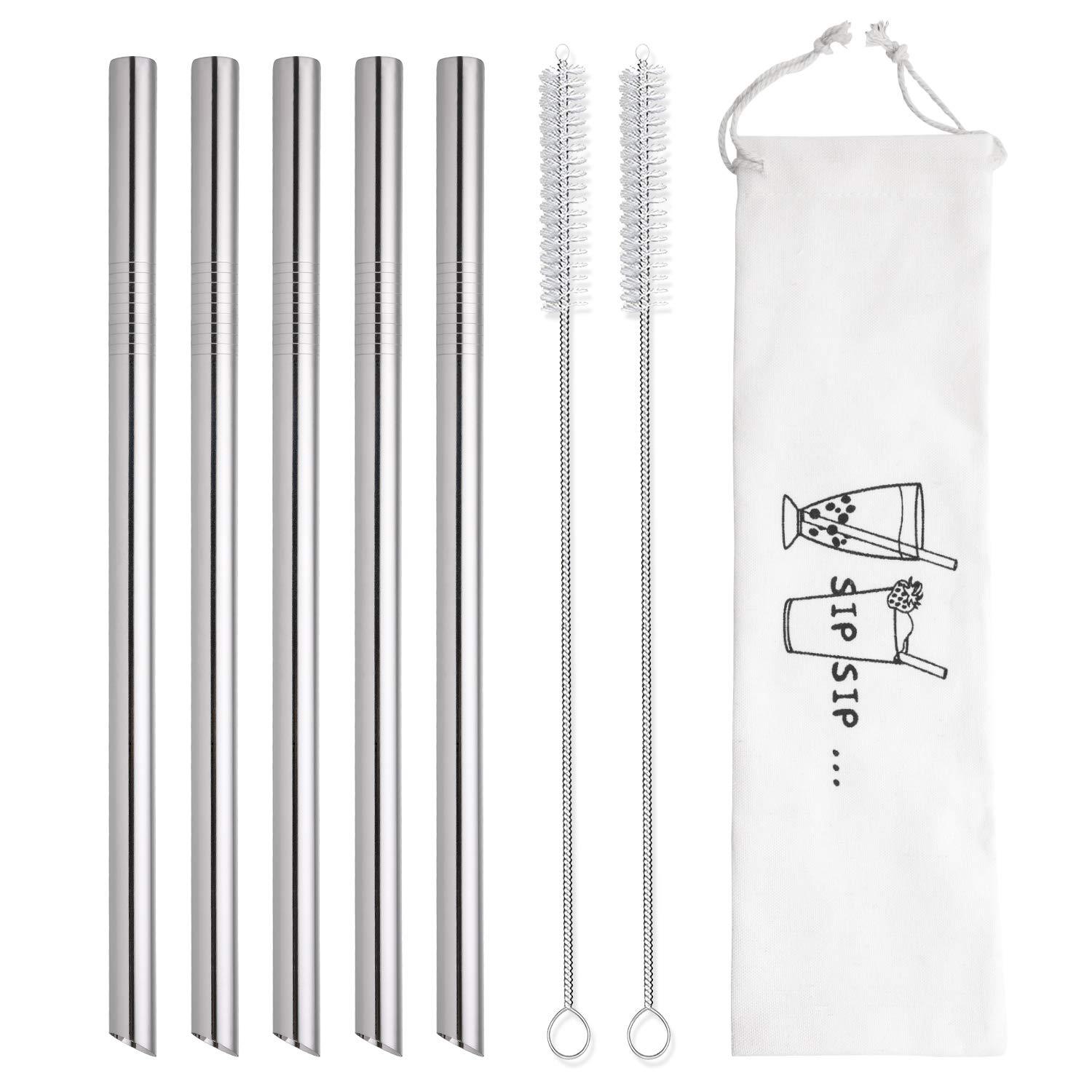 HIWARE [Angled Tips] 5 Pcs 10\" Reusable Boba Straws & Smoothie Straws, 0.5\" Wide Stainless Steel Straws, Metal Straws for Bubble Tea/Tapioca Pearl, Milkshakes, Jumbo Drinks | 2 Cleaning Brushes & 1 Case