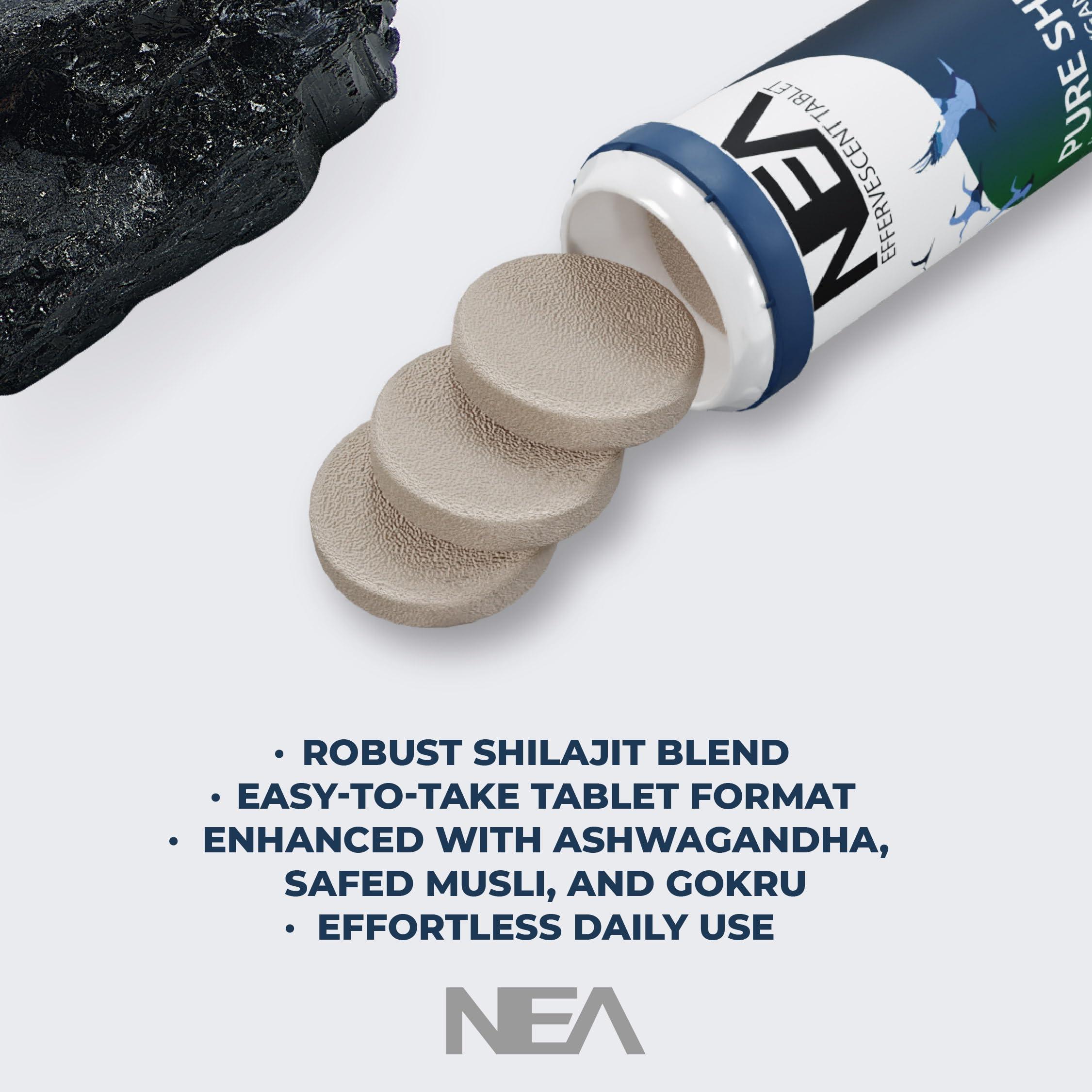 NEA Nea Ayurvedic Himalayan Shilajit Effervescent with Ashwagandha, Safed Musli & Gokhru | 15 Tablets per Bottle, 500mg Each