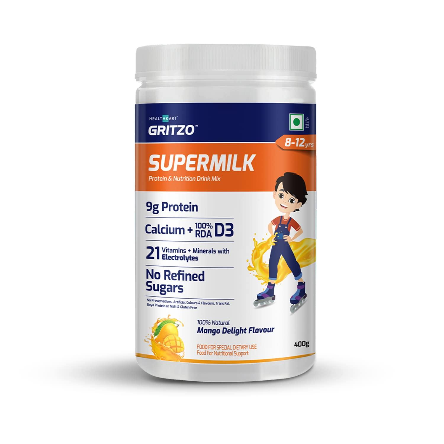 Gritzo Gritzo Supermilk Daily Nutrition Powder (8-12Y Young Athlete)-Mango Delight, 400G|9G Protein With Zero Refined Sugar