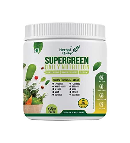 HerbalValley HerbalValley Supergreen Powder | Plant based Nutritional | With Spirulina | Amla | Alfalfa | Beetroot | 35 Servings | 250grm