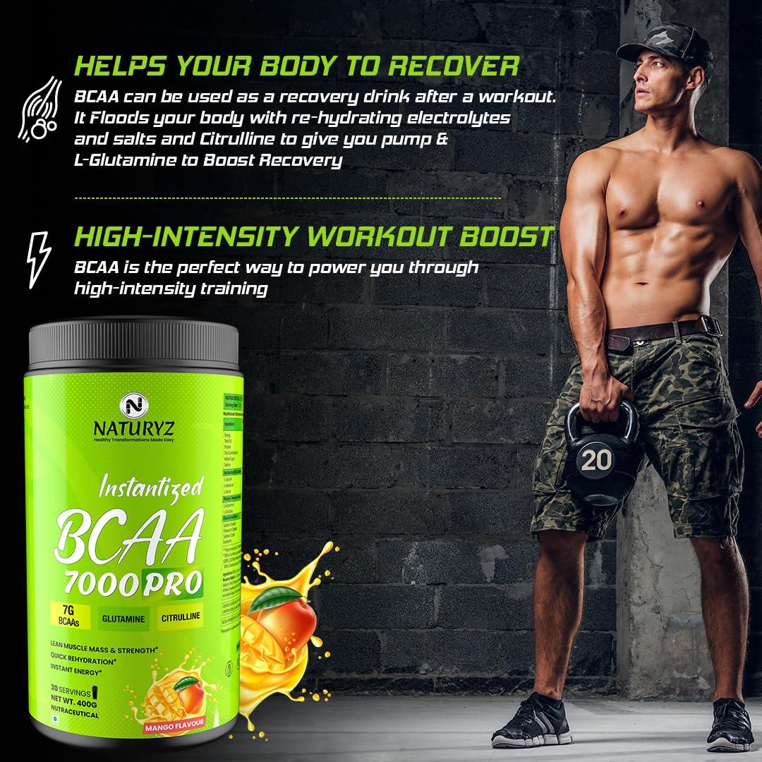 Naturyz NATURYZ Instantized BCAA 7000 PRO |7G Vegan BCAAs | Glutamine | Citrulline | Electrolytes | 0 Added Sugar | Powerful Pre/Post & Intra Workout Amino for Lean Muscle Growth, Strength, Quick Re-Hydration & Instant Energy - 400g(Mango)