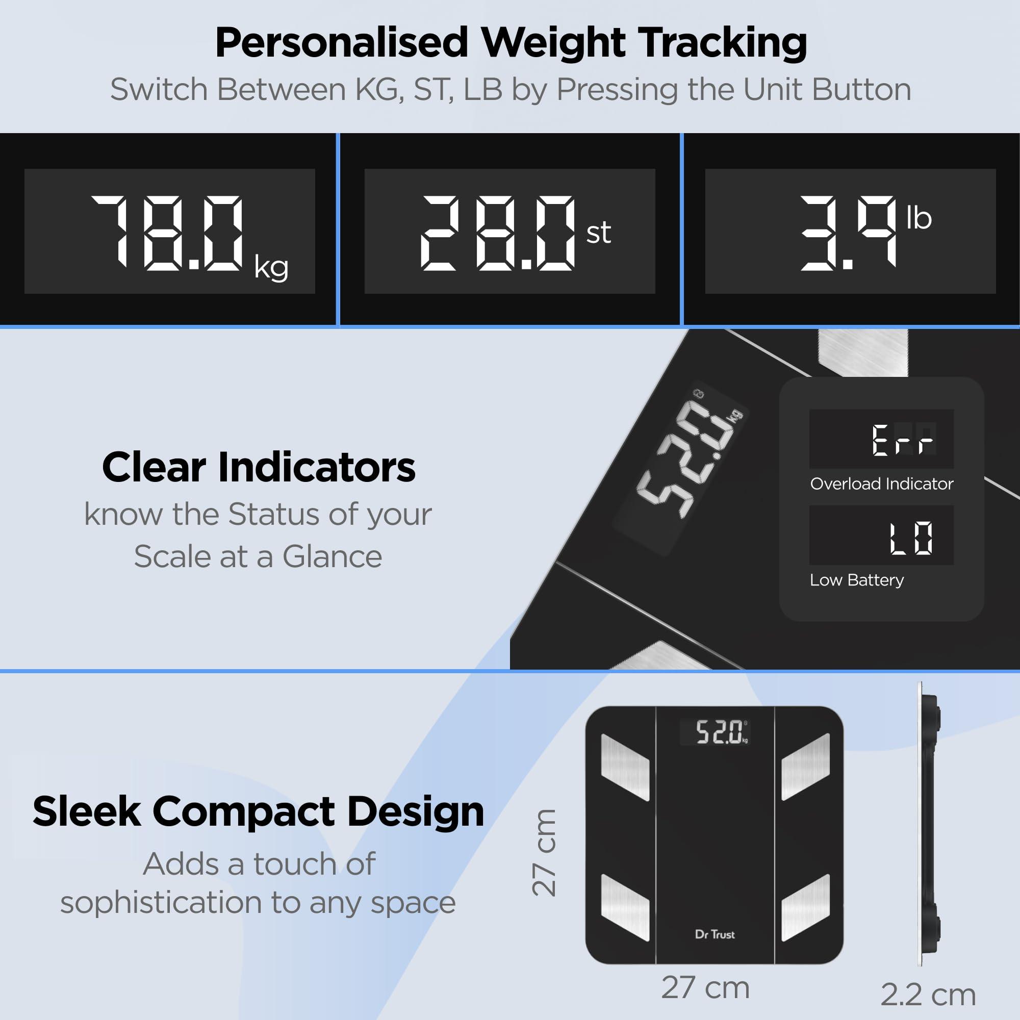 Dr Trust Dr Trust USA Hercules Smart Body Fat Scale & Composition Measurement Device-525, BMI, Personal Weighing Machine Monitor Body Weight & Age, Syncs With Fitness App (Black)