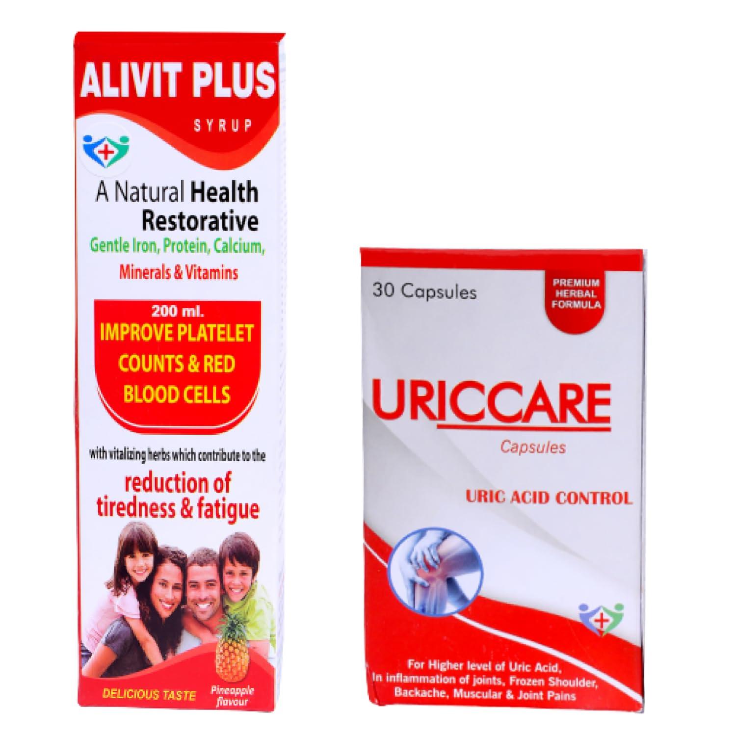 A-LIFE PHARMACY A-LIFE PHARMACY Alivit Plus Syrup For Minerals & Vitamins, Gentle Iron, Protein, Calcium, 200ml And Uriccare Ayurvedic For Higher Level Of Uric Acid Control, 30 Capsuals