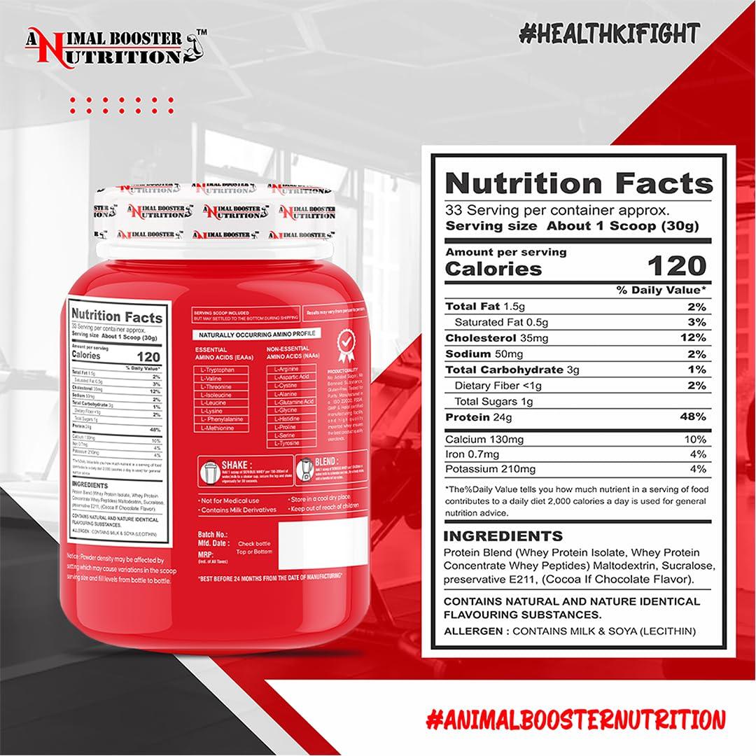 Animal Booster Nutrition Animal Booster Nutrition Serious Whey Protein | 24g Of 48% Whey Protein | Whey Protein Powder for Muscle Support & Recovery, Vegetarian(Chocolate Flavor, 1kg)