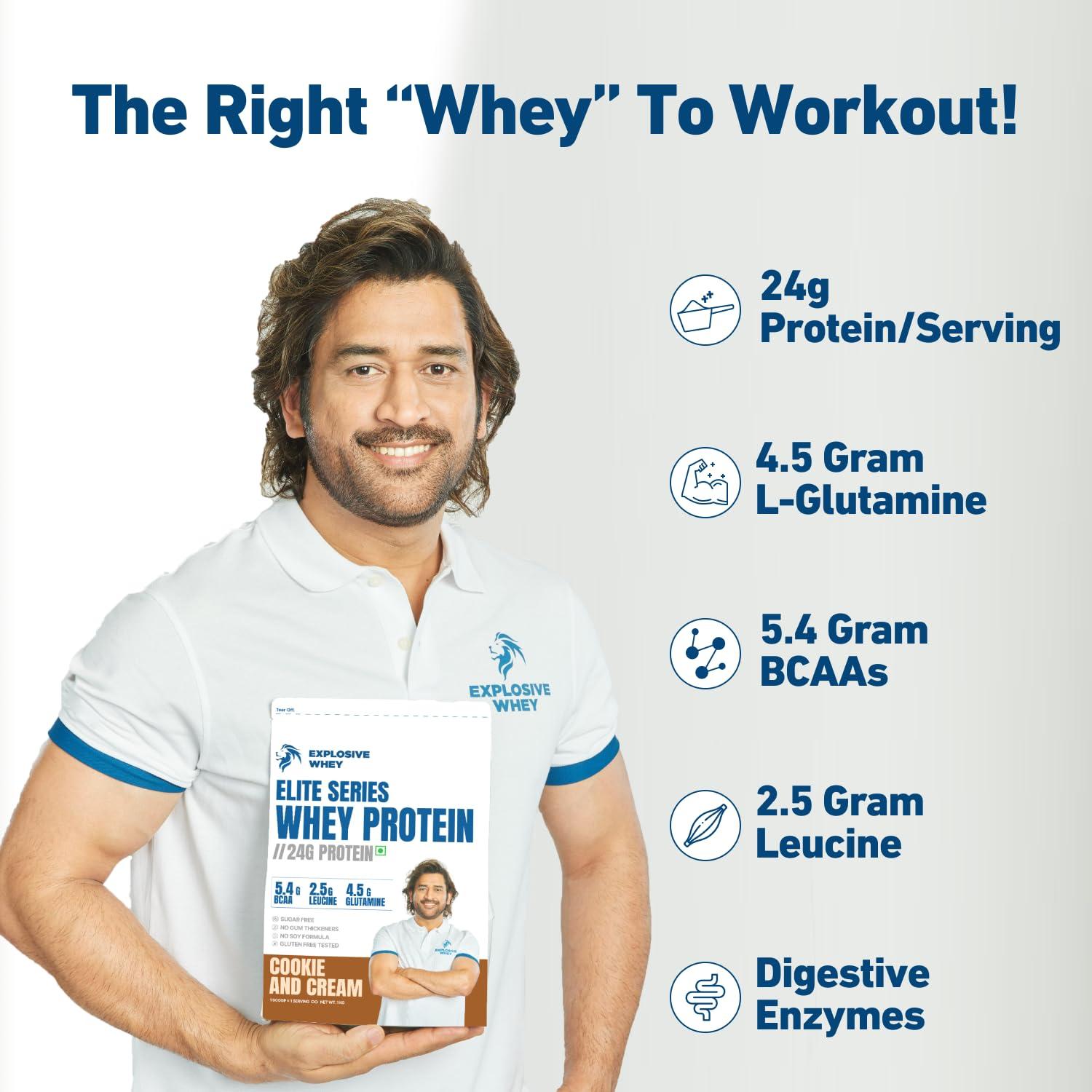 EXPLOSIVE WHEY Explosive Whey Elite Series Whey Protein - Trusted by M.S. Dhoni and Kedar Jadhav | Premium, Concentrate Sport Supplements for Enhanced Muscle Growth and Recovery (30 Servings - 1Kg, COOKIE & CREAM 24g Protein)