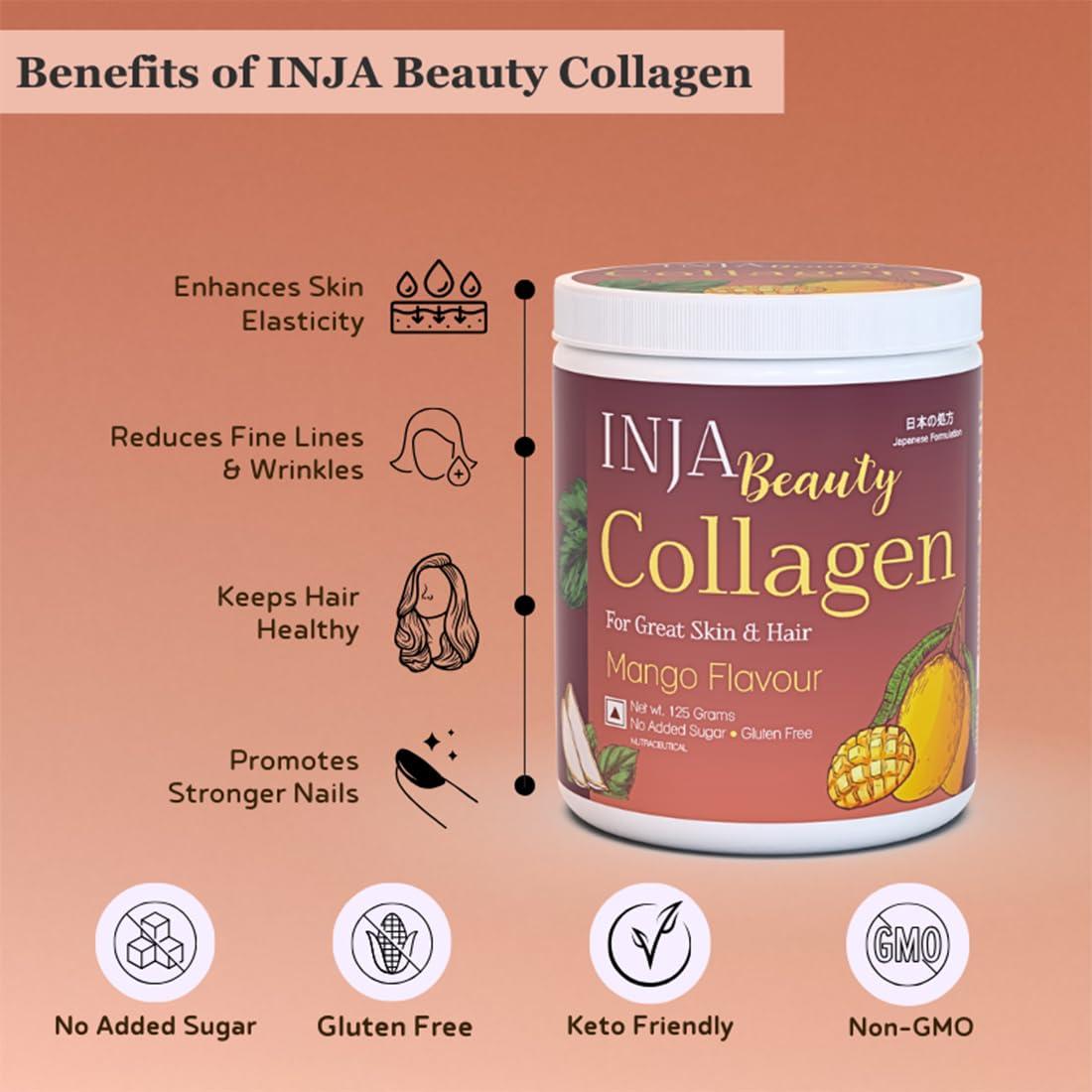 INJA Wellness INJA Wellness Beauty Marine Collagen Supplement For Women, Men, Vitamin C Collagen With Japanese Formulation, Healthy Joints, Muscles, Skin & Hair, Sugar & Gluten Free, Mango Flavor, 125Gm - Powder