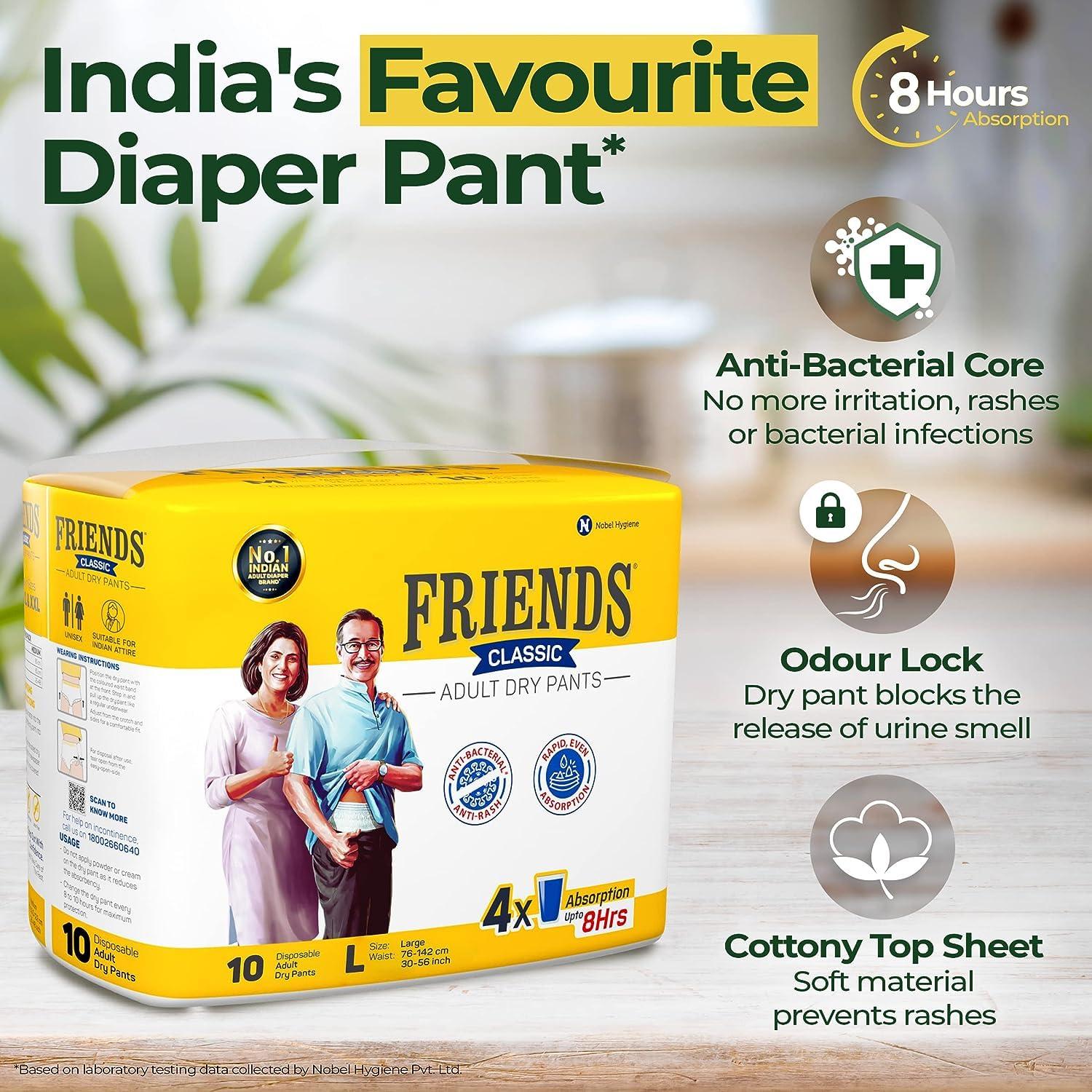Generic Friends Classic Adult Diapers Pants Style - 70 Count (Large) with odour lock and Anti-Bacterial Absorbent Core- Waist Size 30-56 inch ; 76-142cm sold by bmpharma