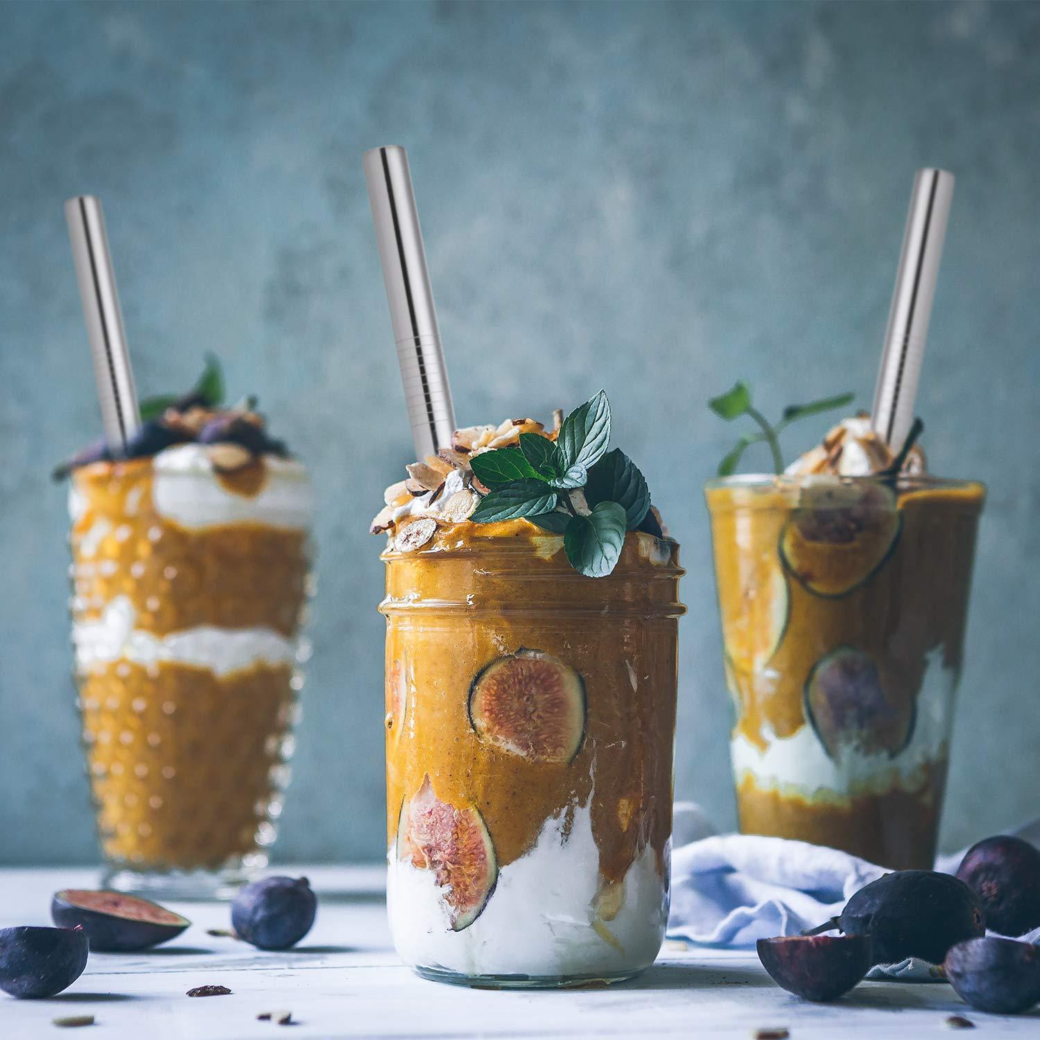 HIWARE [Angled Tips] 5 Pcs 10\" Reusable Boba Straws & Smoothie Straws, 0.5\" Wide Stainless Steel Straws, Metal Straws for Bubble Tea/Tapioca Pearl, Milkshakes, Jumbo Drinks | 2 Cleaning Brushes & 1 Case