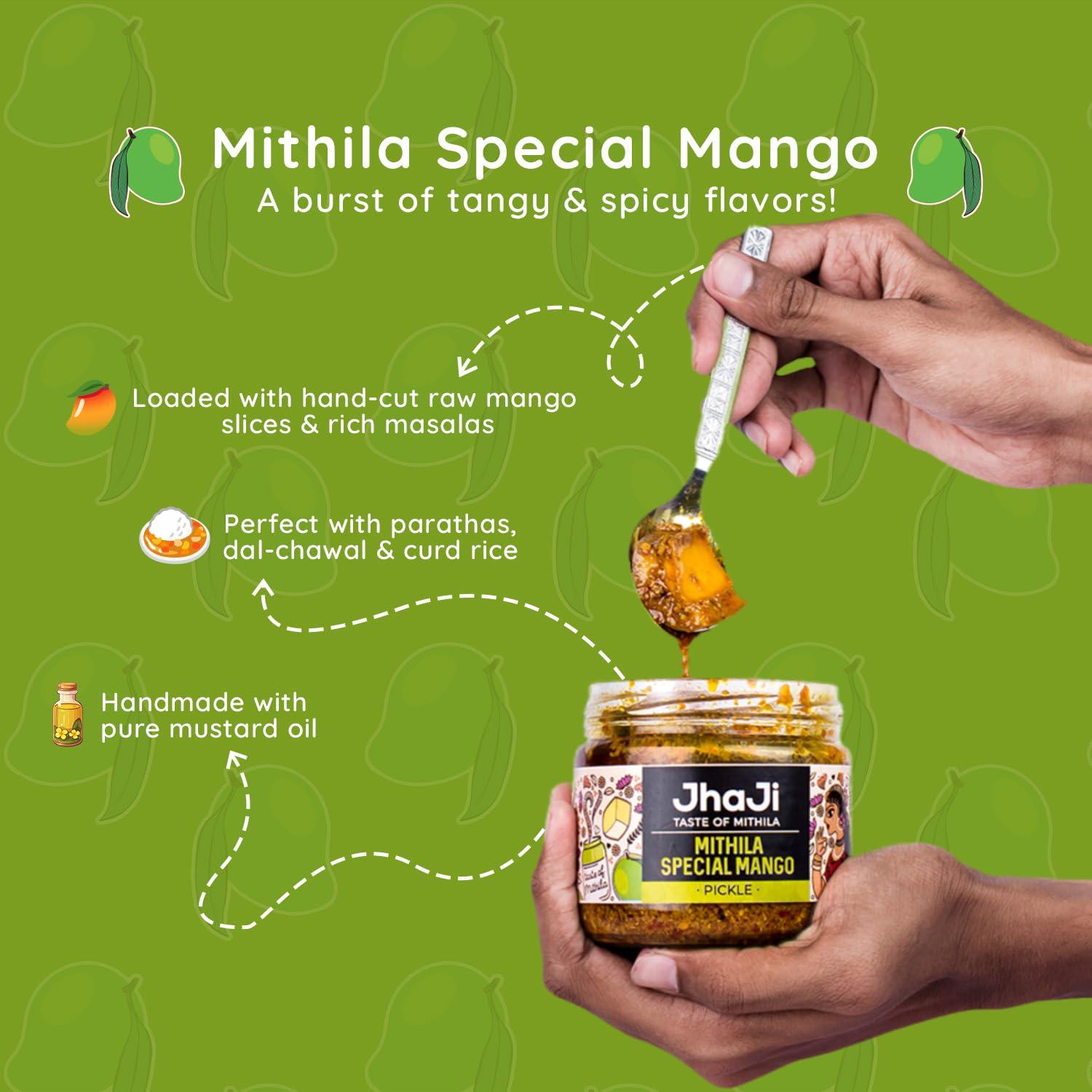 JhaJi - Taste of Mithila JhaJi - Taste of Mithila Special Mango Pickle|Bihari Style Aam Ka Achaar|Tangy & Spicy|Masaledaar & Khatta|1-Inch Mango Pieces|Sun-Dried. No Artificial Preservatives & Colors|Bihari-Style Pickle,250G