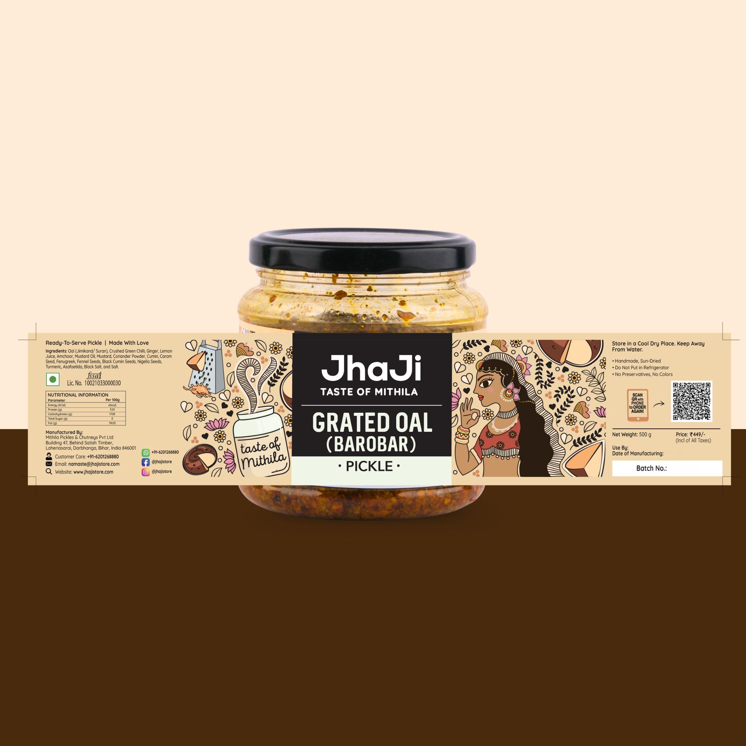 JhaJi - Taste of Mithila JhaJi - Taste of Mithila Oal Ginger Chilli Mix Pickle | Tangy, Spicy, And Gingery Aftertaste | Grated Jimikand Pieces | Sun-Dried | Bihari-Style Homemade Pickle, 500G