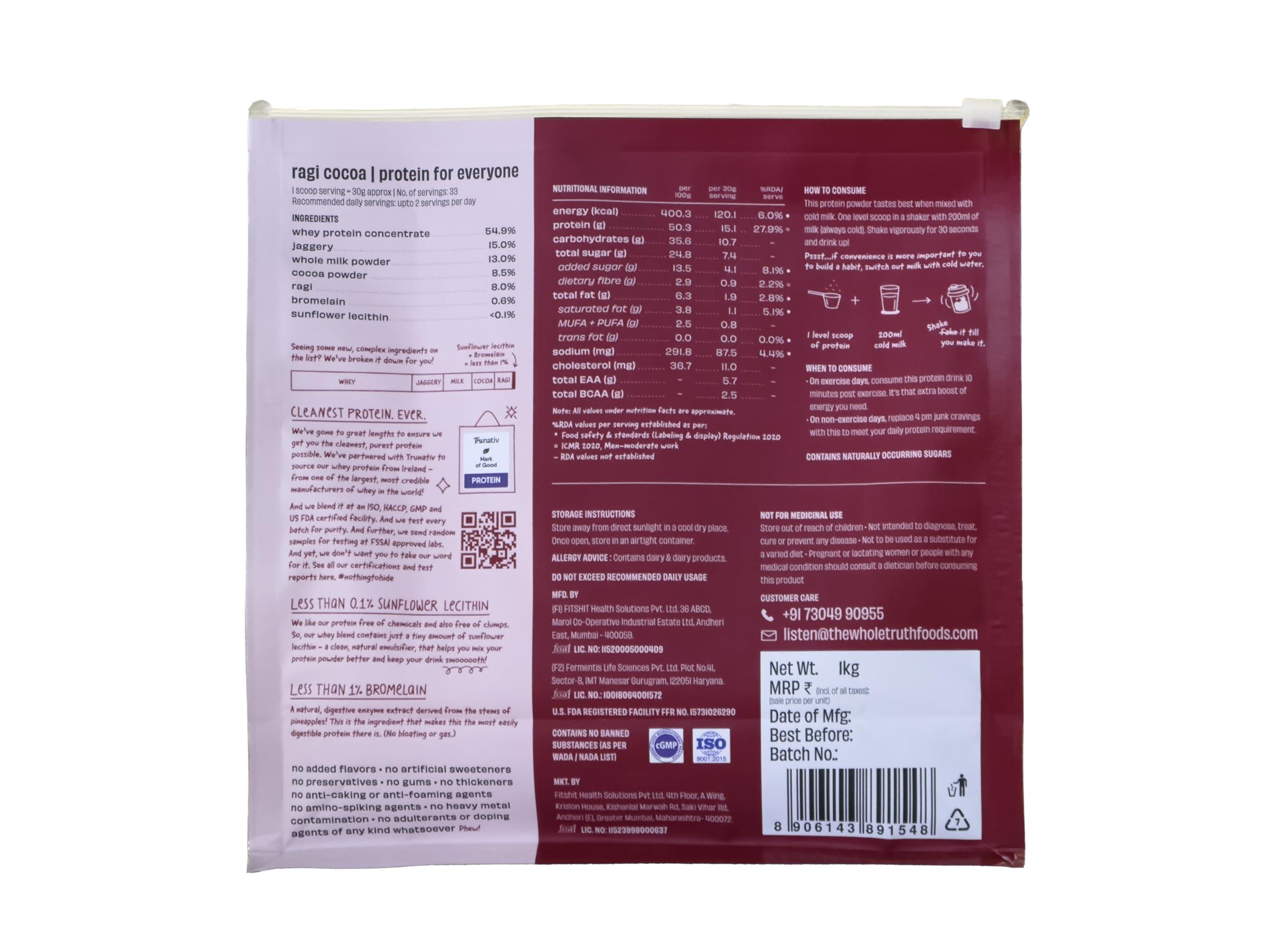 The Whole Truth The Whole Truth 15g Protein/Scoop | Ragi Cocoa 1 kg | Protein for Everyone | Beginners Protein Powder | Clean, Light & Easy to Digest | No Artifical Flavours & No Artificial Sweetener